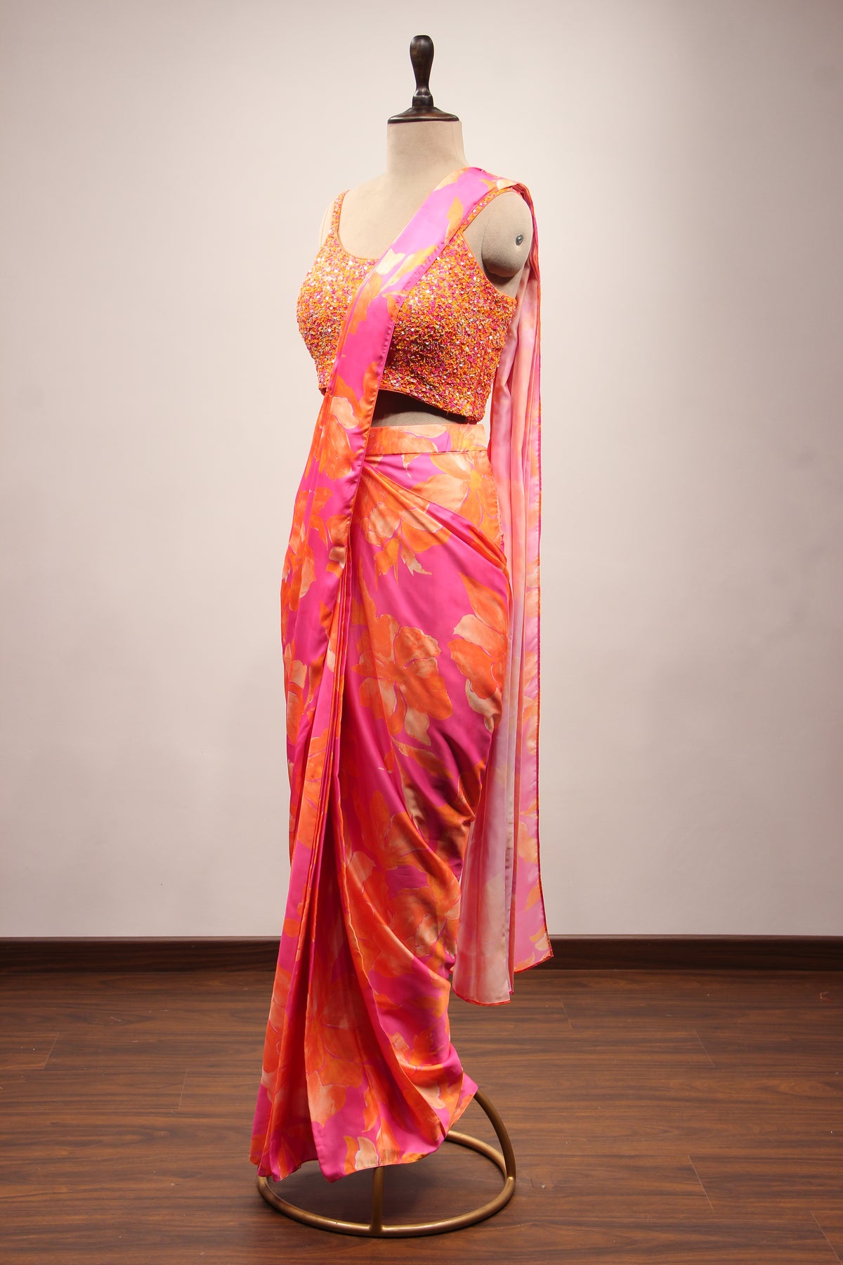 Satin Drape Saree with Cut Dana & Sequin Handwork Crop Top