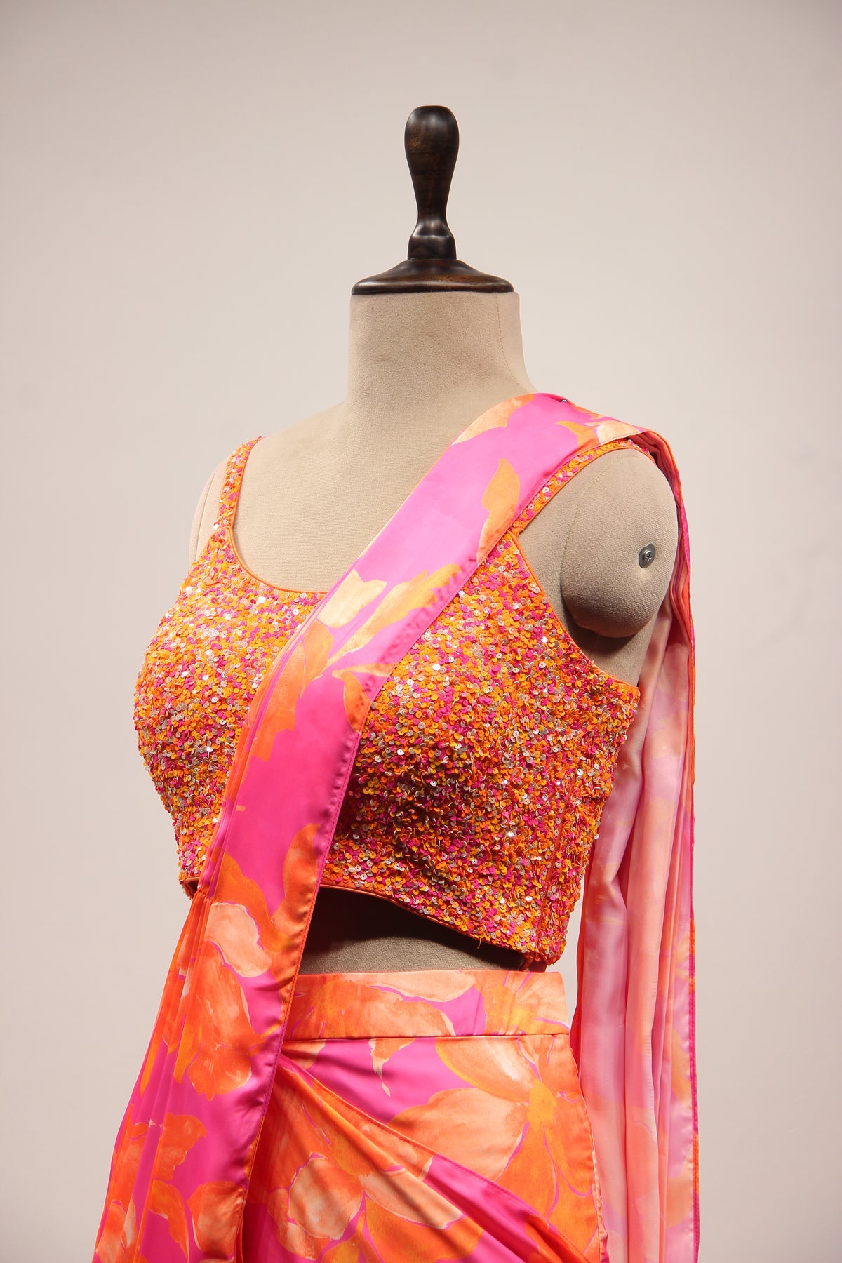 Satin Drape Saree with Cut Dana & Sequin Handwork Crop Top