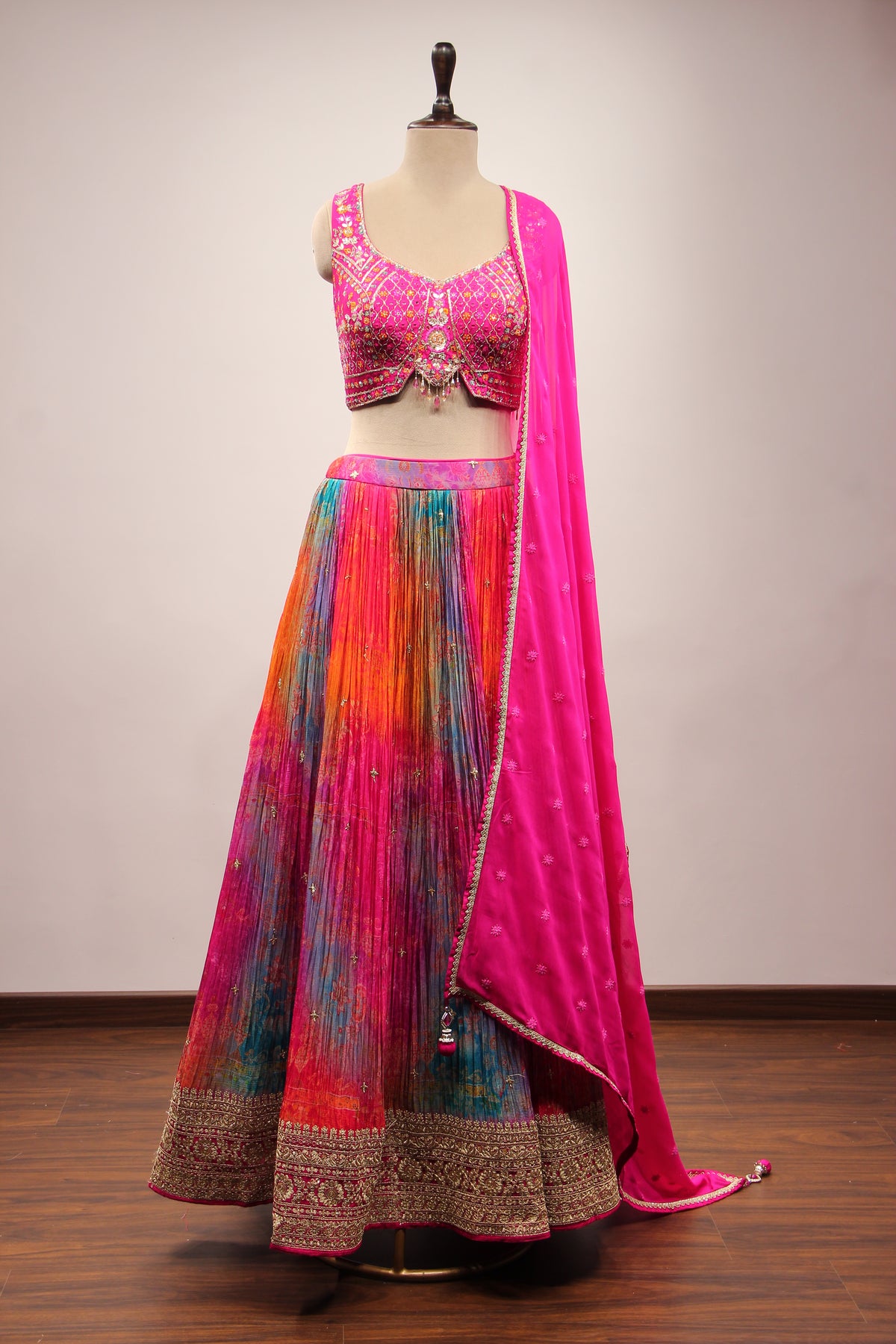 Crepe Lehenga with Mirror & Resham Handwork Crop Top