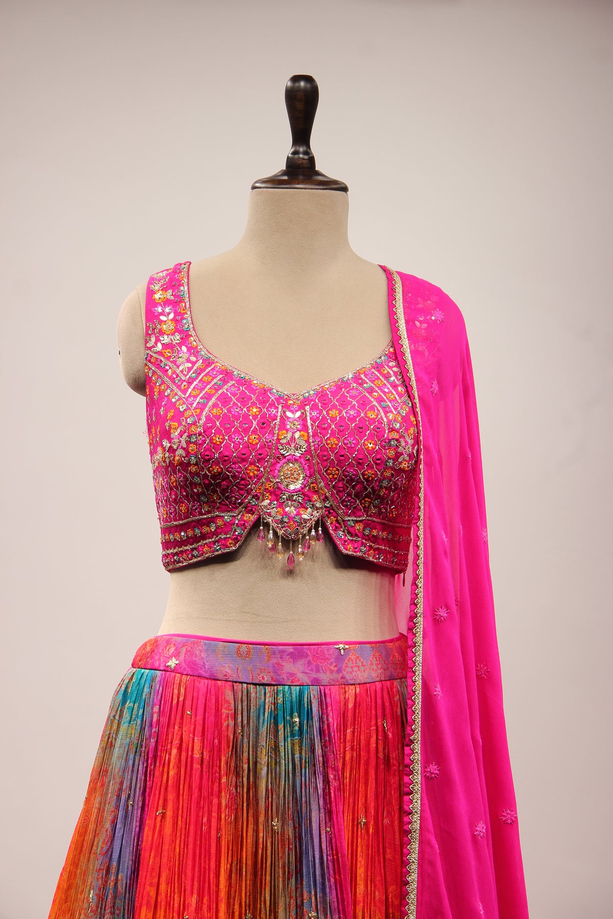 Crepe Lehenga with Mirror & Resham Handwork Crop Top