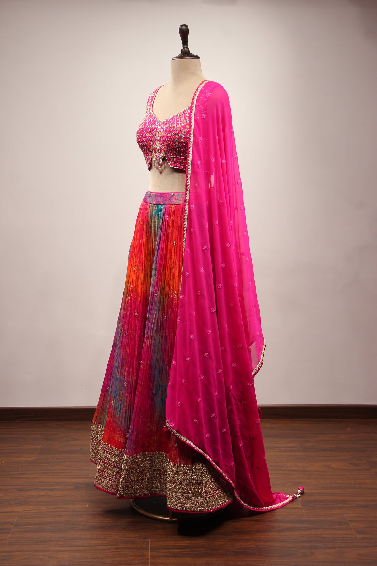 Crepe Lehenga with Mirror & Resham Handwork Crop Top