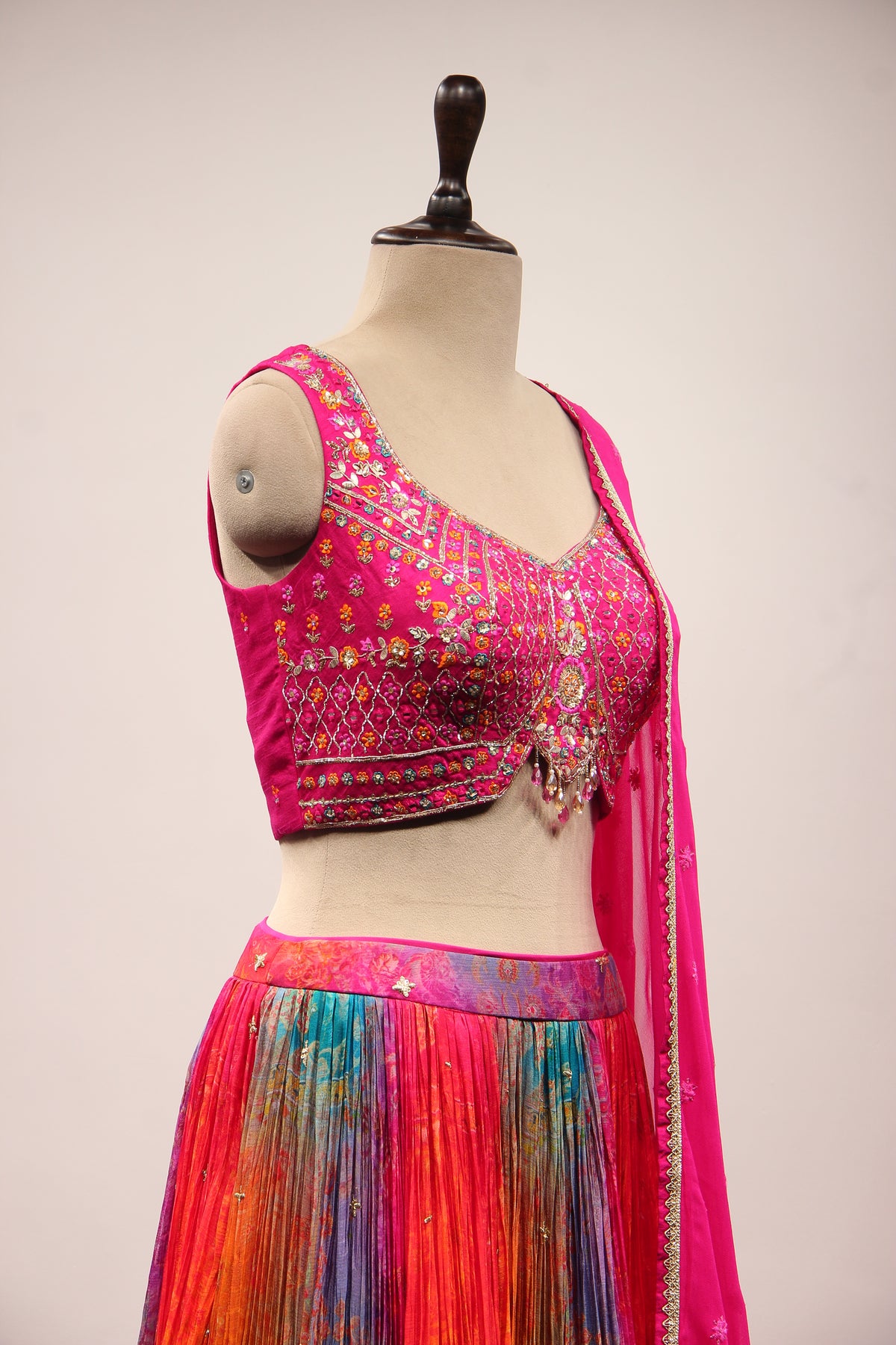 Crepe Lehenga with Mirror & Resham Handwork Crop Top
