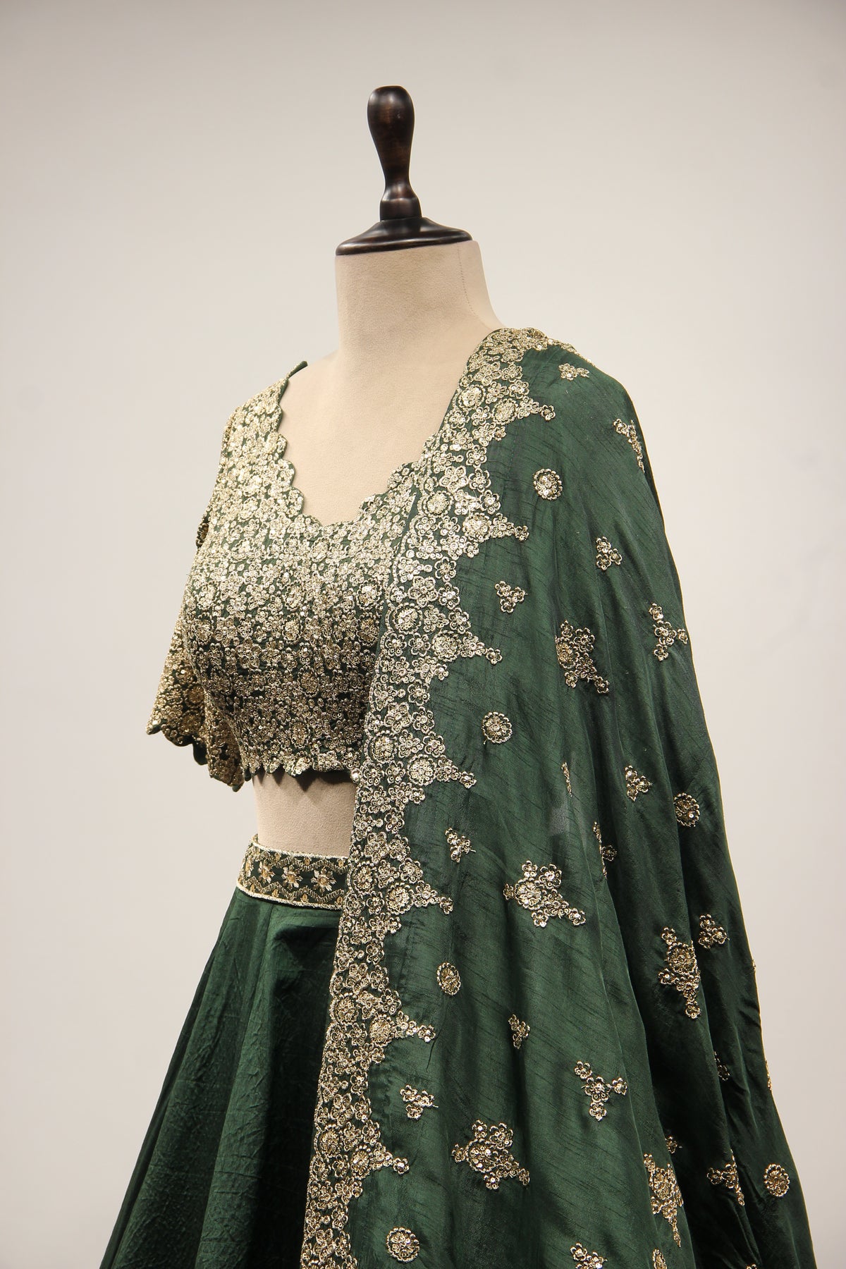 Green Dupion Lehenga with Zari & Sequin Handwork Crop Top