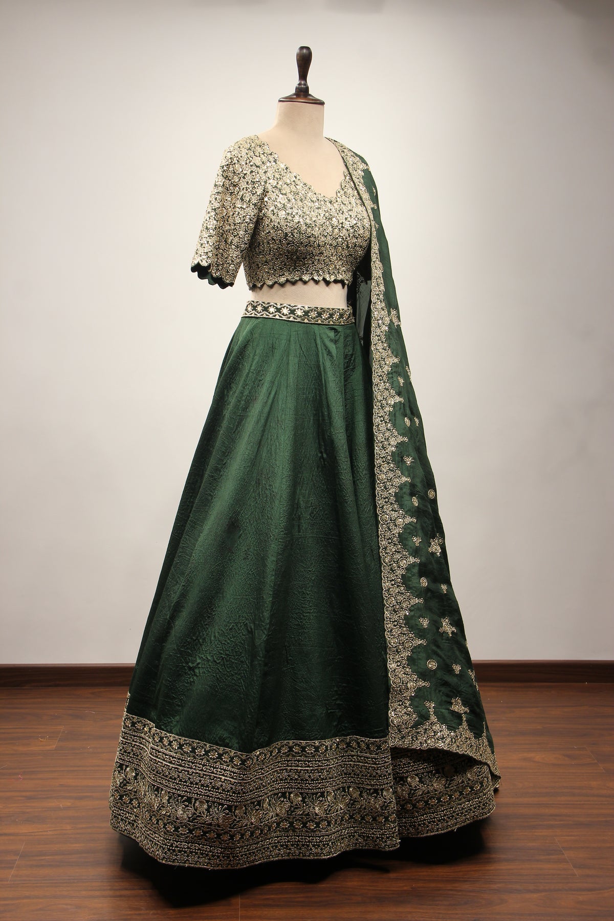 Green Dupion Lehenga with Zari & Sequin Handwork Crop Top
