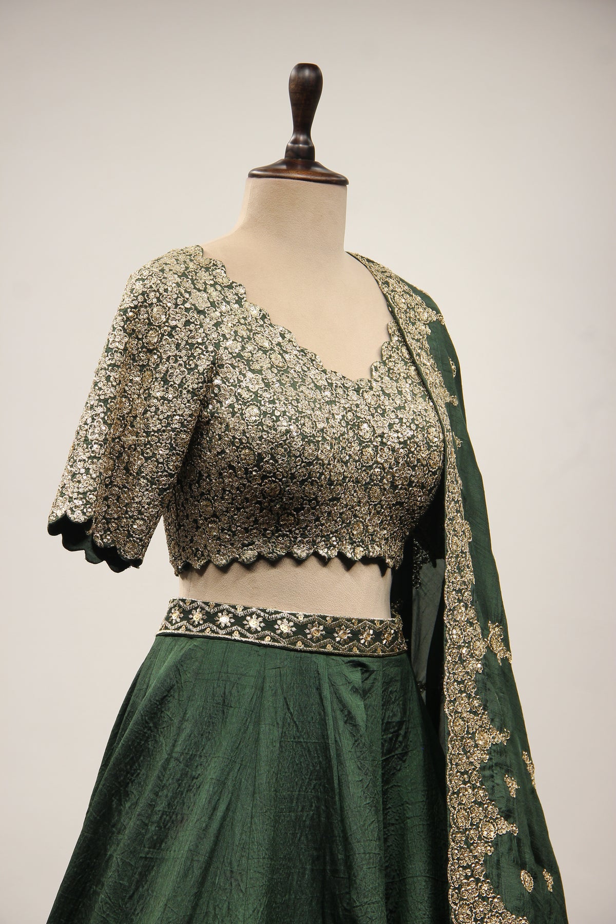 Green Dupion Lehenga with Zari & Sequin Handwork Crop Top