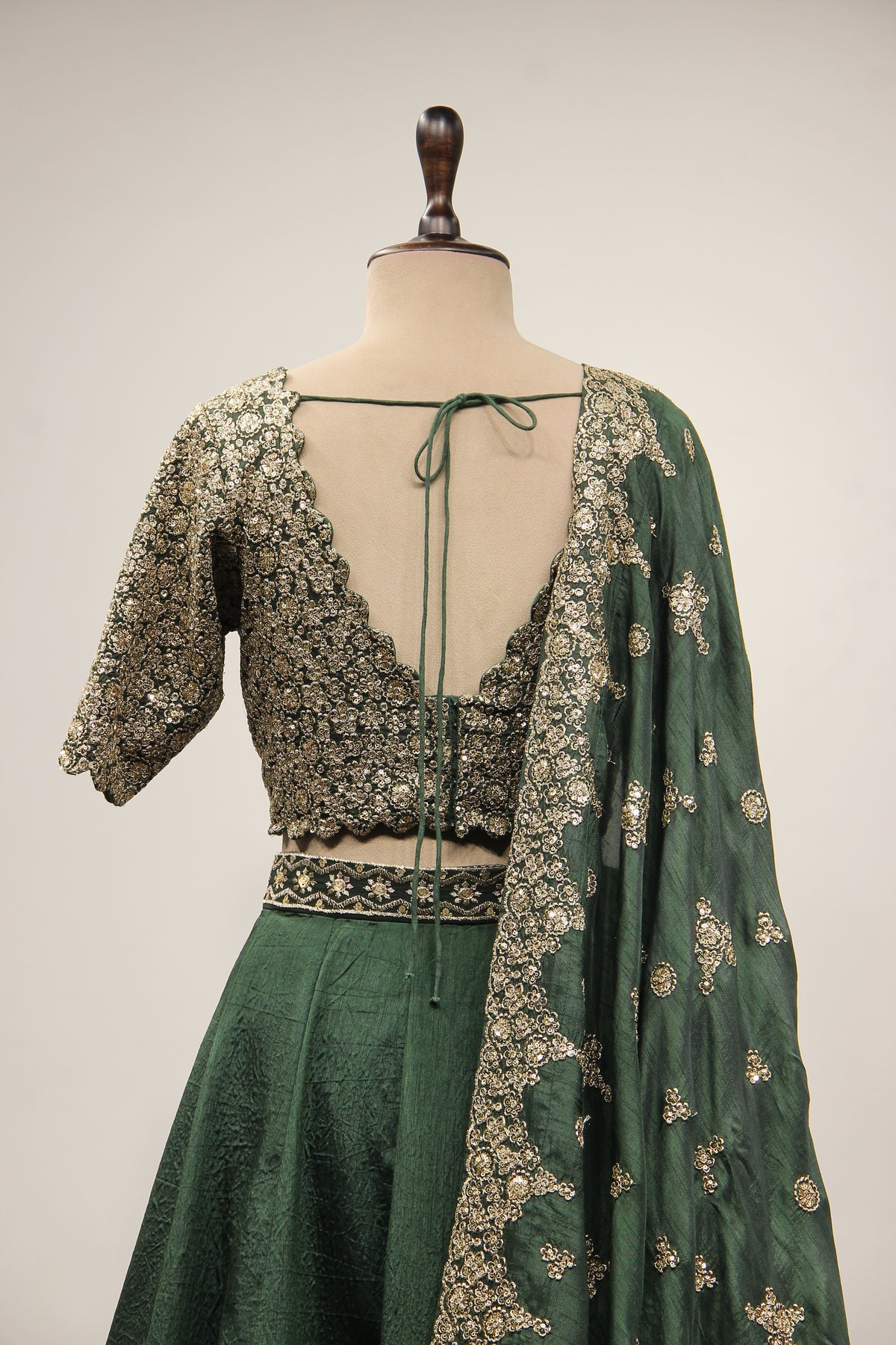 Green Dupion Lehenga with Zari & Sequin Handwork Crop Top