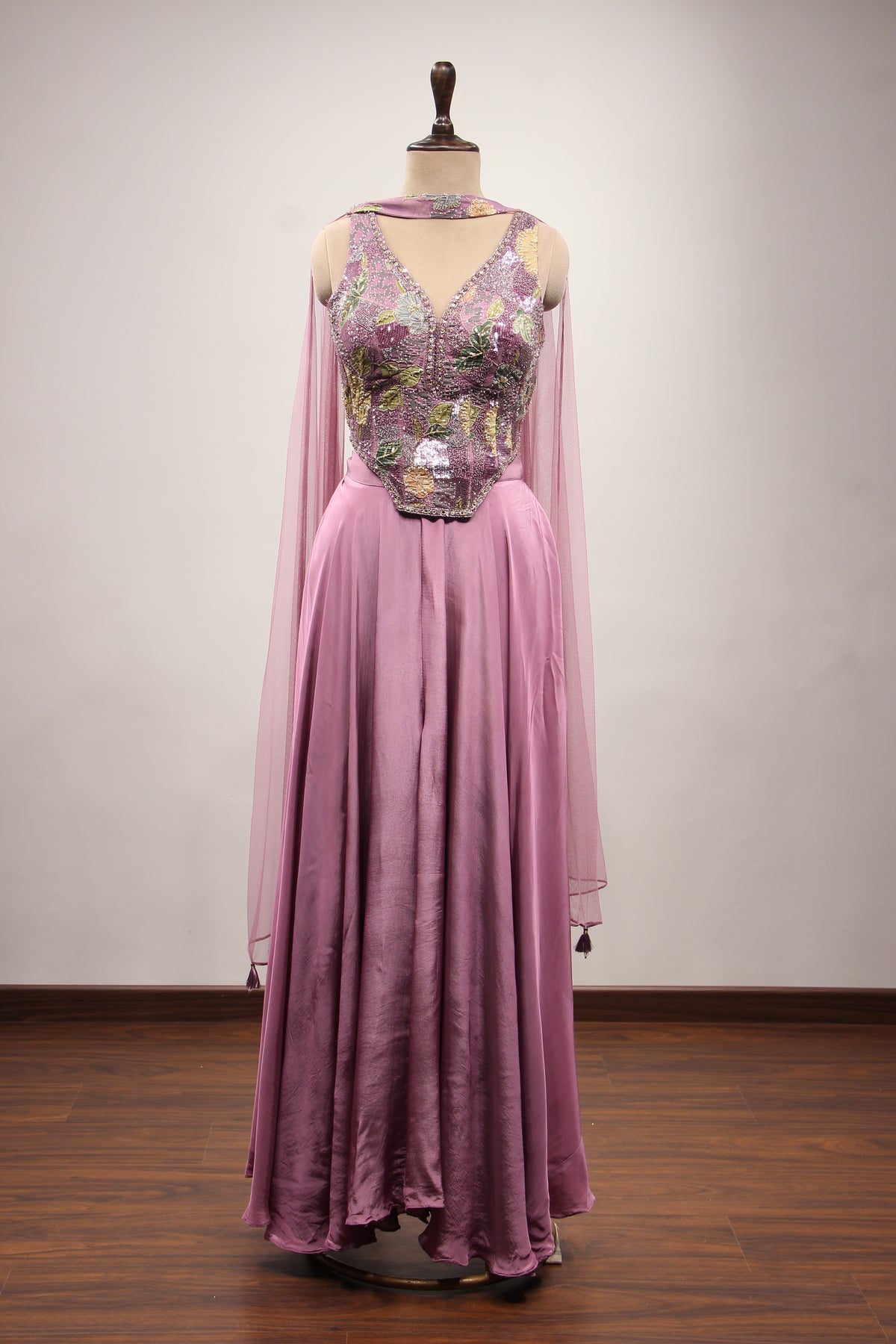 Crepe Floral Corset Indo Western Palazzo in Cut Dana & Sequin Handwork in Purple – front view