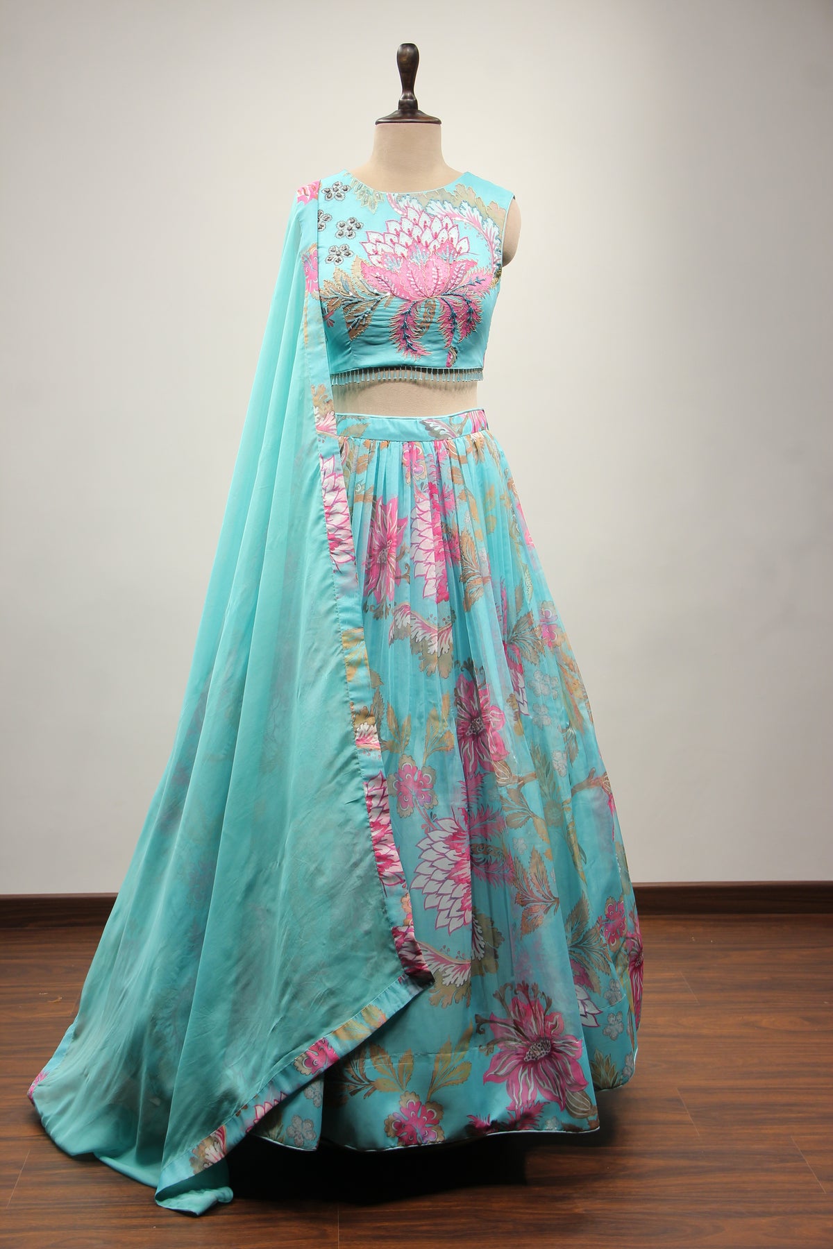 Firozi Organza Lehenga with Cut Dana & Sequin Handwork Halter Neck