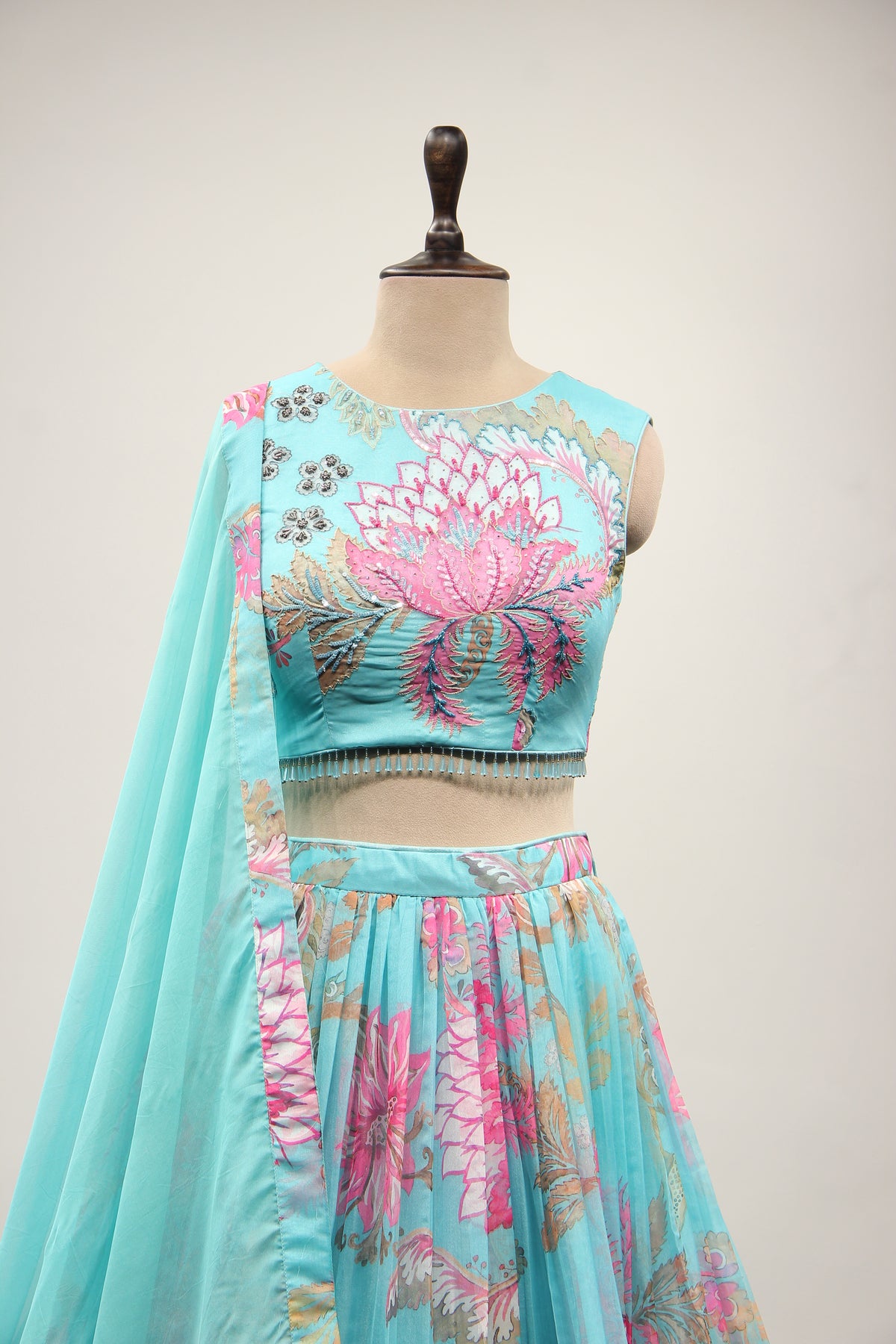 Firozi Organza Lehenga with Cut Dana & Sequin Handwork Halter Neck