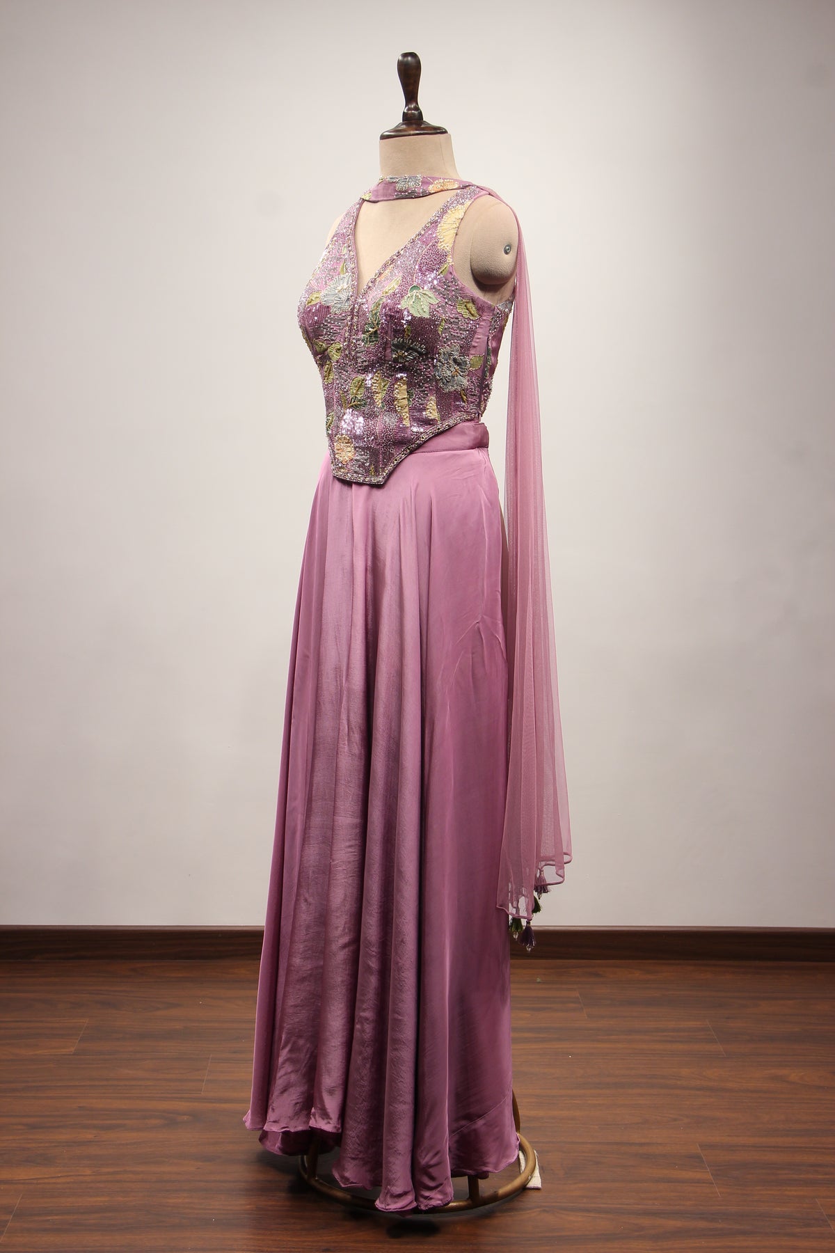 Crepe Floral Corset Indo Western Palazzo in Cut Dana & Sequin Handwork in Purple – side view