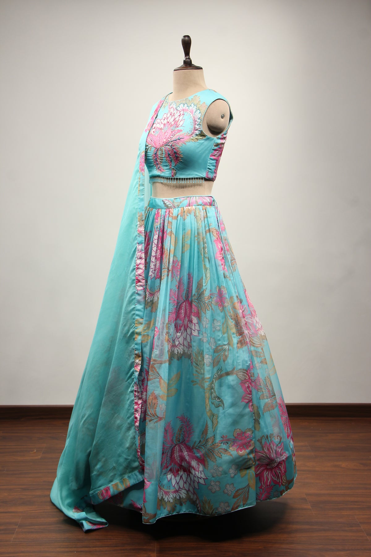 Firozi Organza Lehenga with Cut Dana & Sequin Handwork Halter Neck