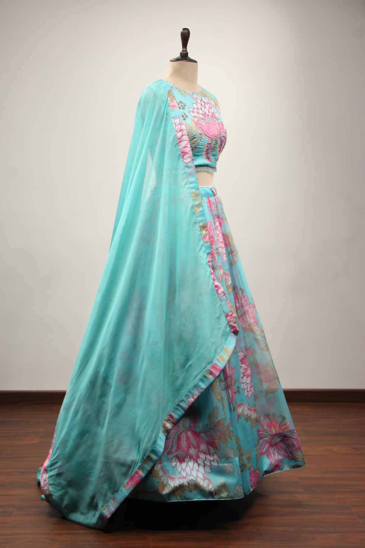 Firozi Organza Lehenga with Cut Dana & Sequin Handwork Halter Neck