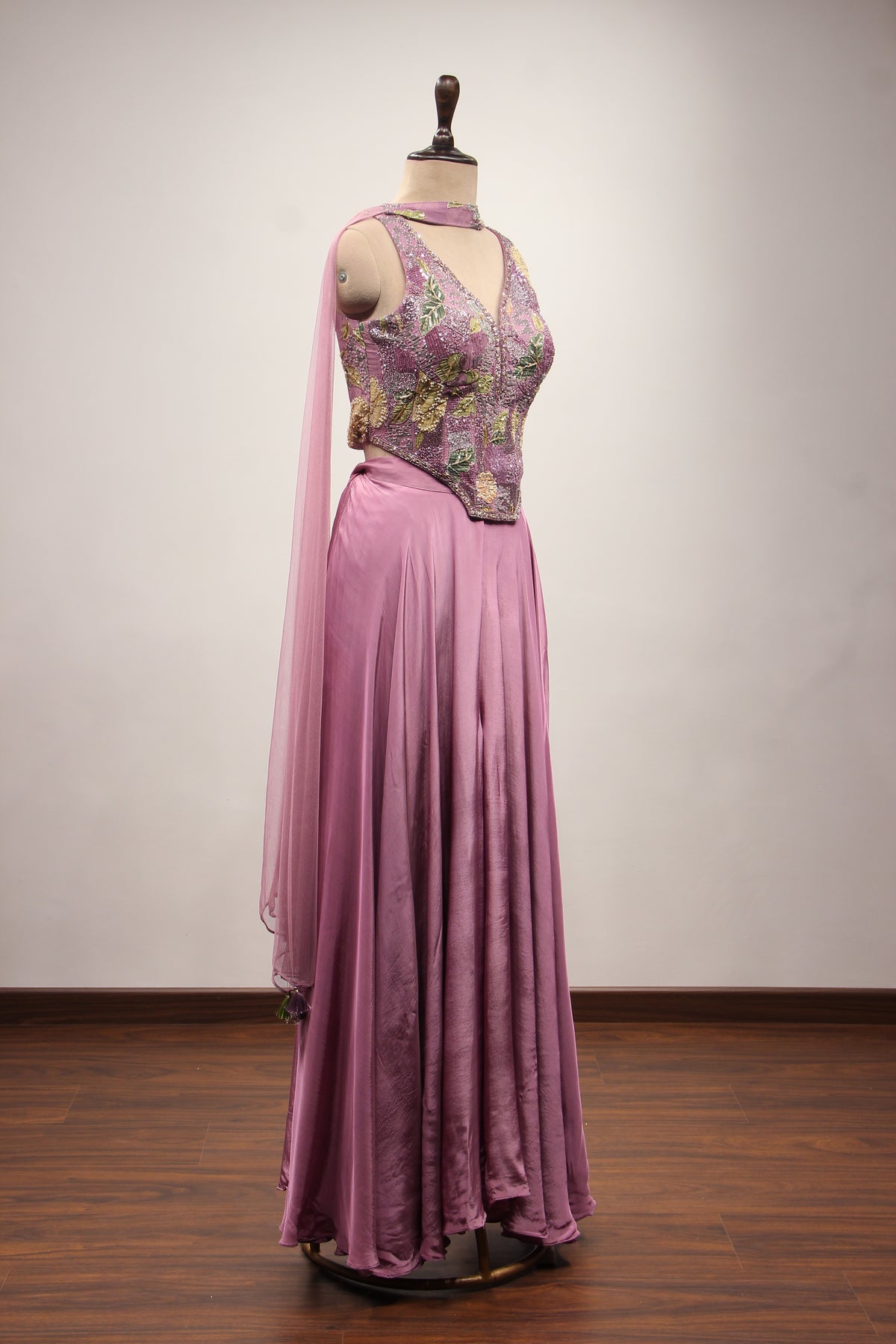 Crepe Floral Corset Indo Western Palazzo in Cut Dana & Sequin Handwork in Purple – other side view