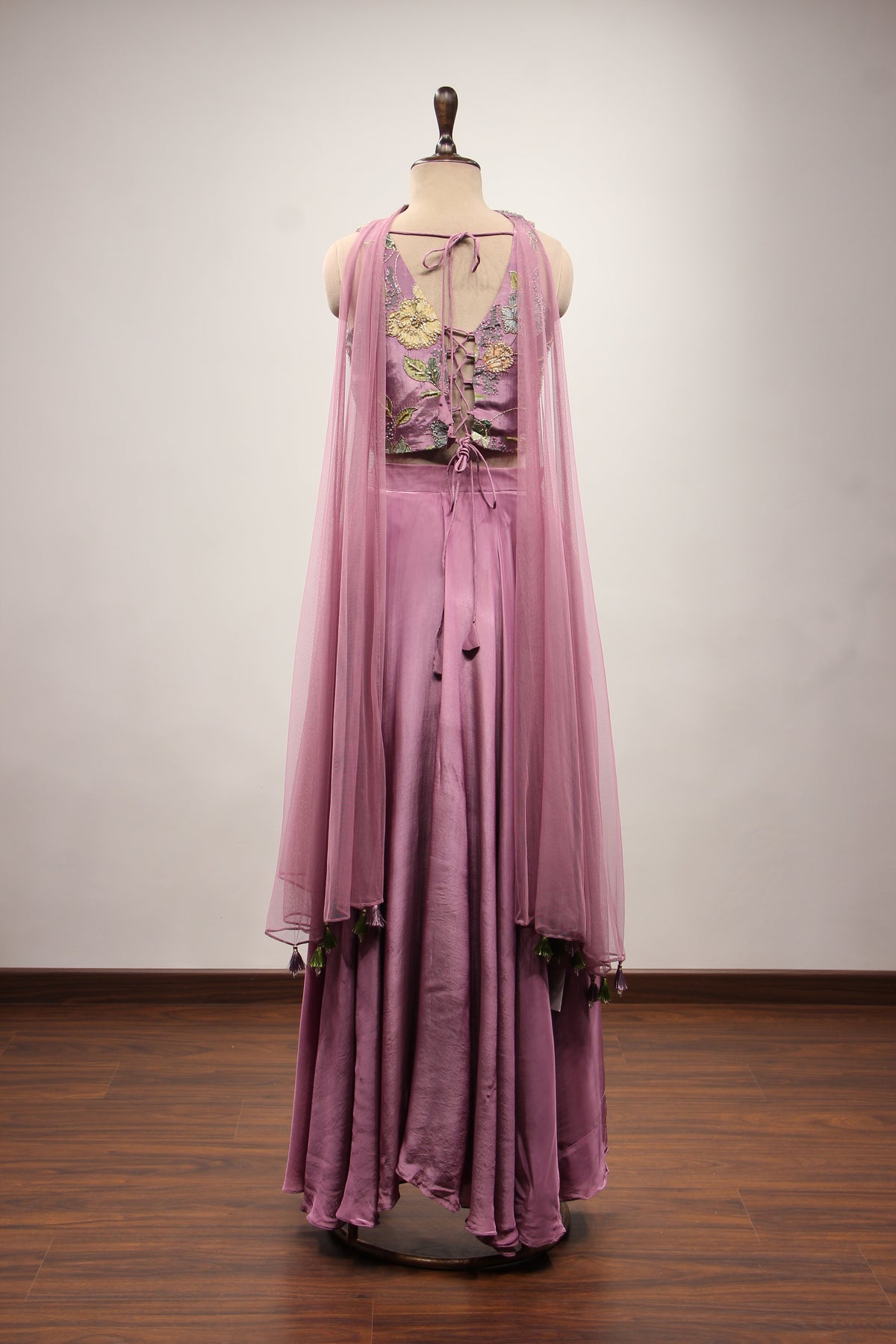 Crepe Floral Corset Indo Western Palazzo in Cut Dana & Sequin Handwork in Purple – back view