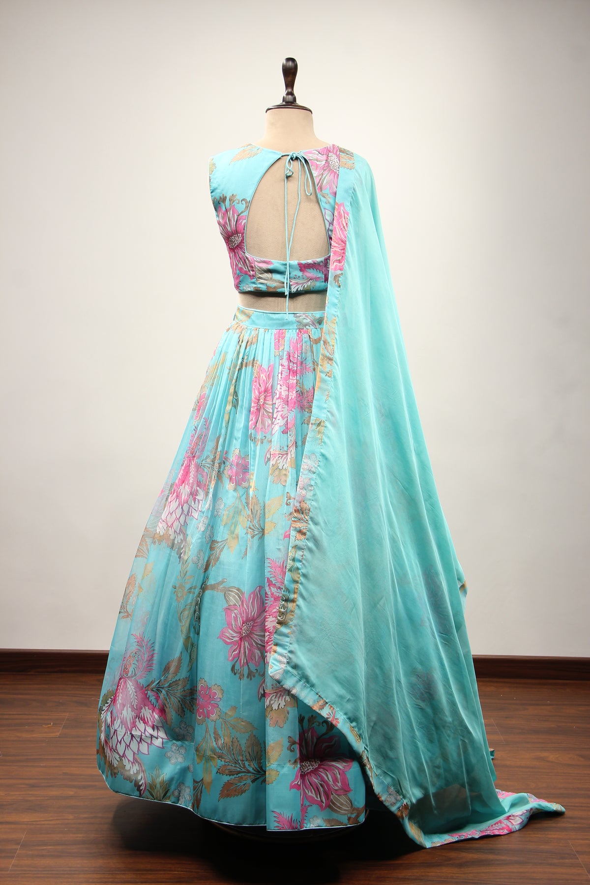 Firozi Organza Lehenga with Cut Dana & Sequin Handwork Halter Neck