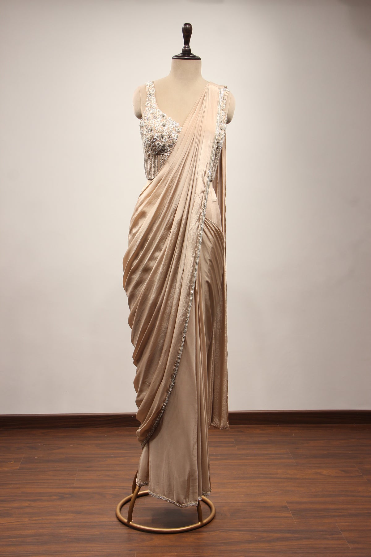Beige Crepe Drape Saree with Cut Dana & Sequin Handwork Corset