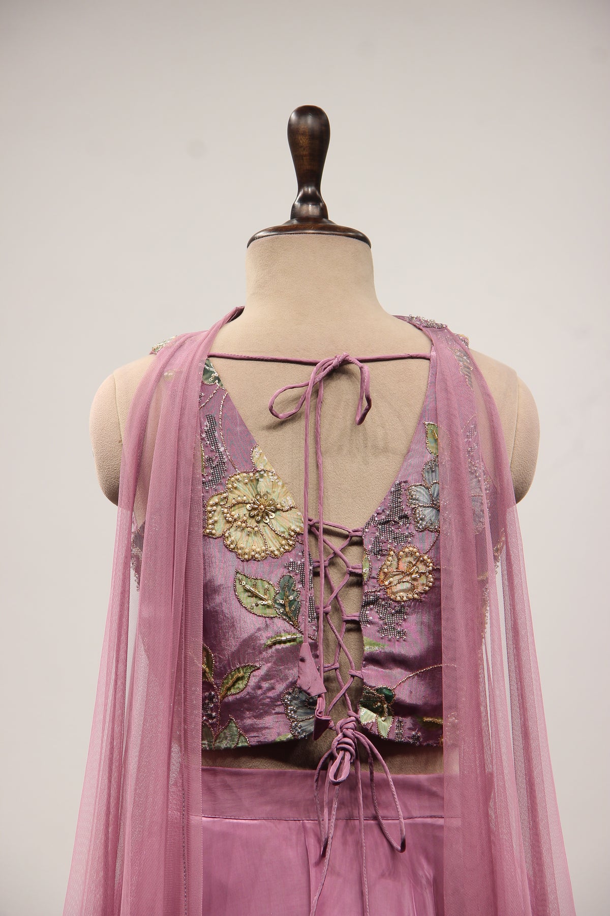 Crepe Floral Corset Indo Western Palazzo in Cut Dana & Sequin Handwork in Purple – back close-up