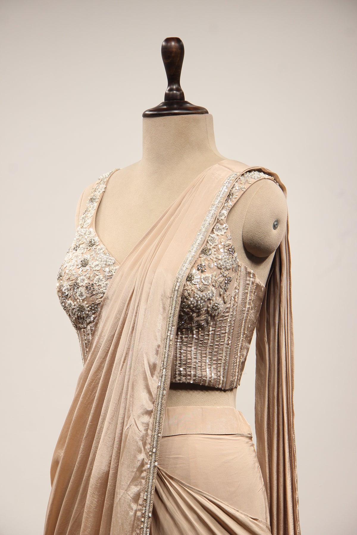 Beige Crepe Drape Saree with Cut Dana & Sequin Handwork Corset