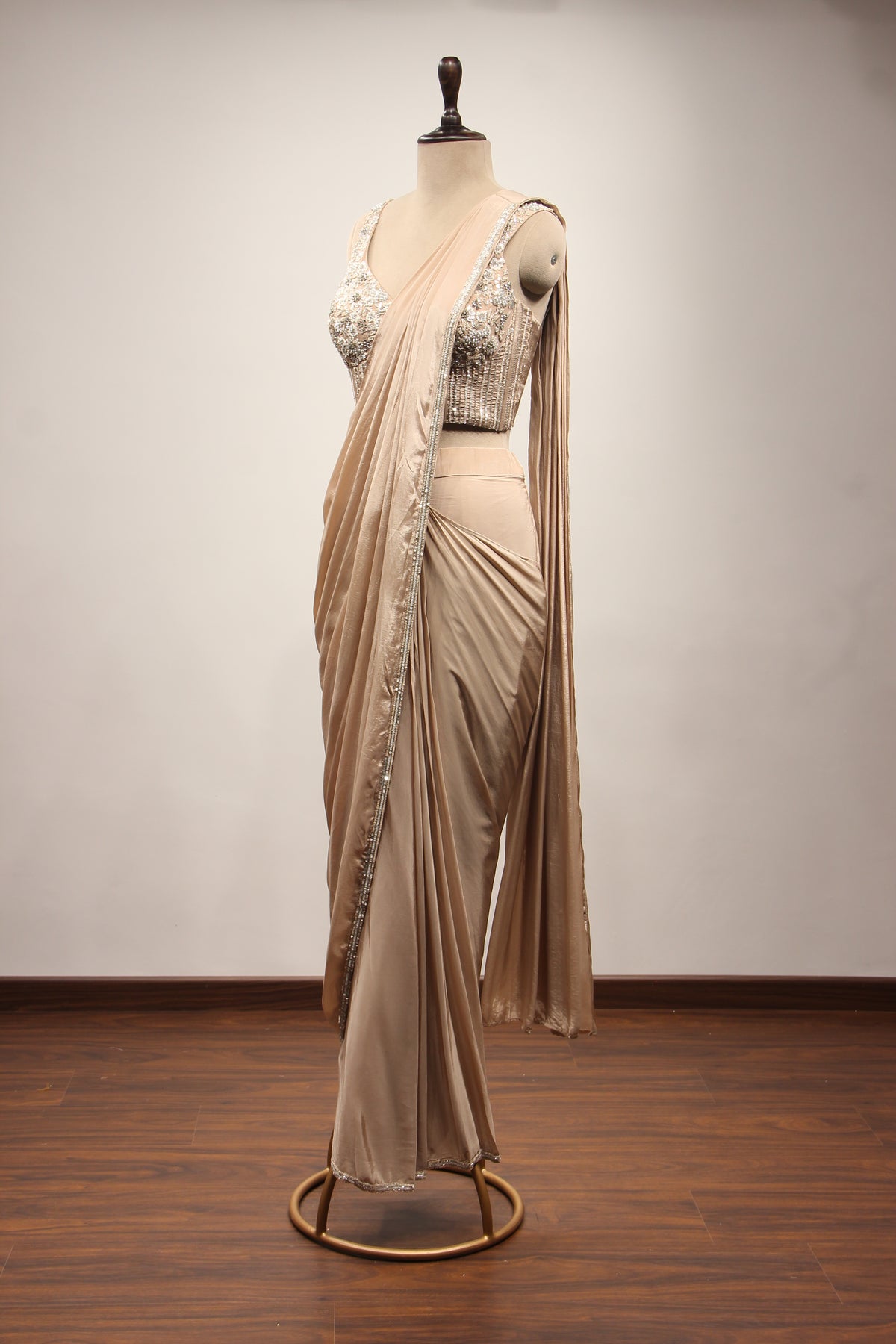 Beige Crepe Drape Saree with Cut Dana & Sequin Handwork Corset