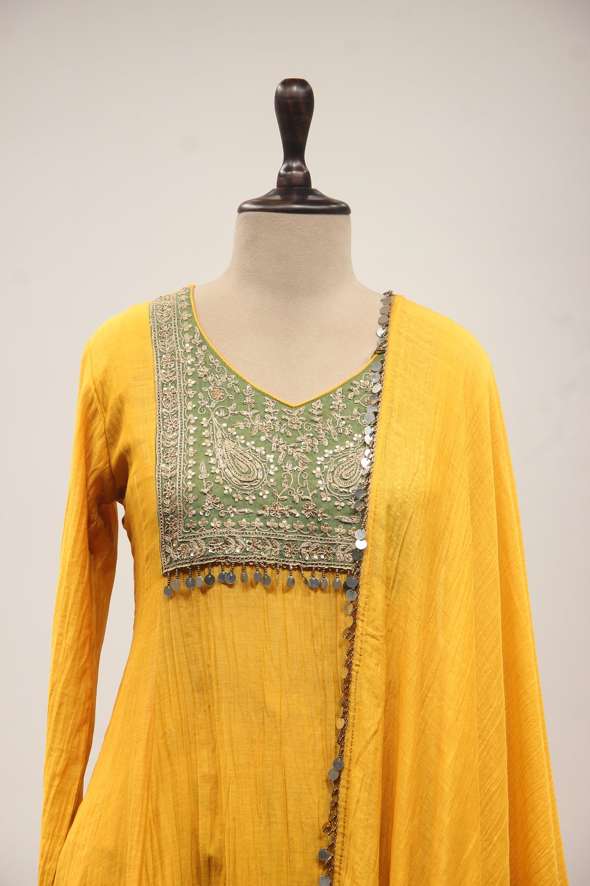 Yellow Chanderi Peplum Suit with Zari & Zardozi Handwork Farshi Salwar – front close-up