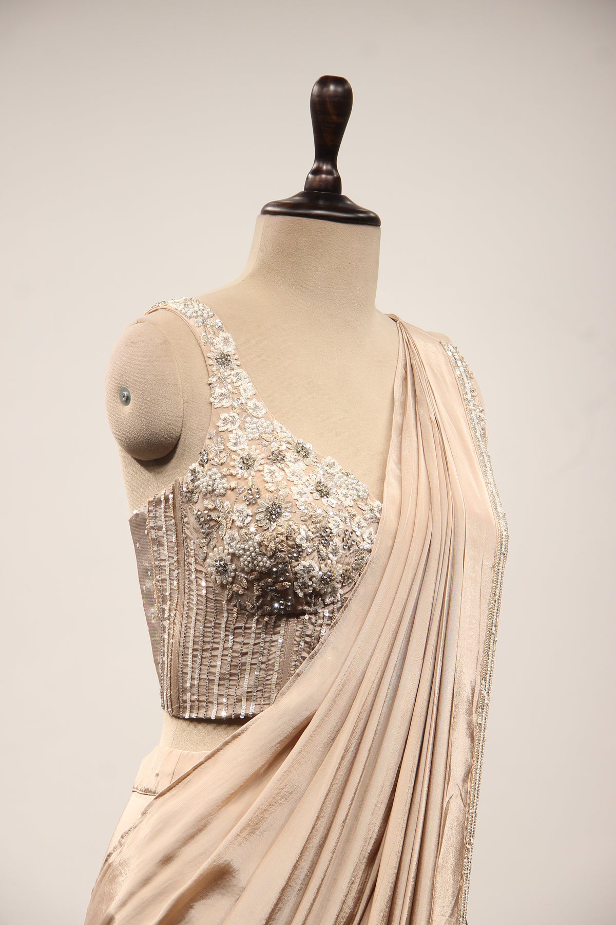 Beige Crepe Drape Saree with Cut Dana & Sequin Handwork Corset