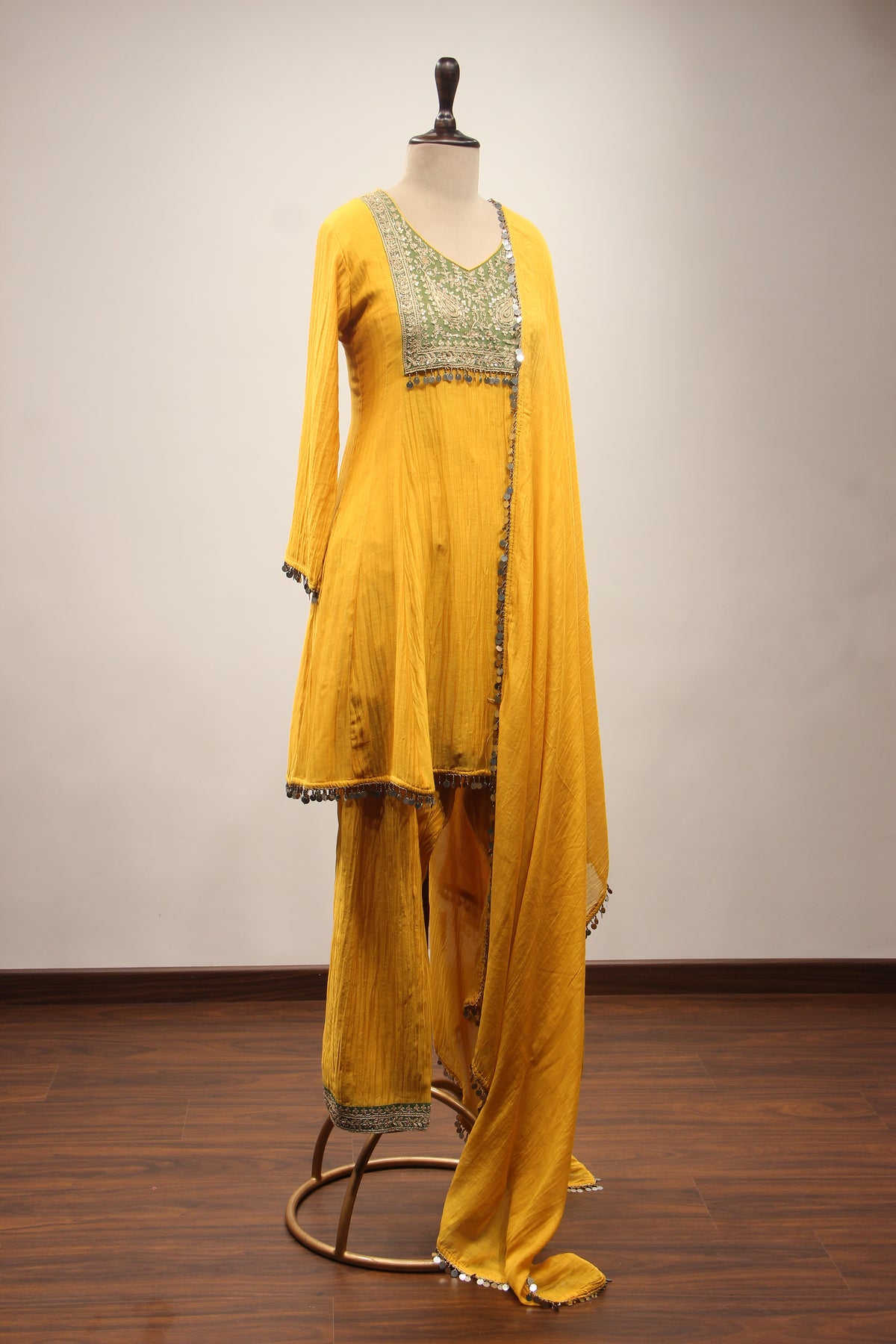 Yellow Chanderi Peplum Suit with Zari & Zardozi Handwork Farshi Salwar – other side view