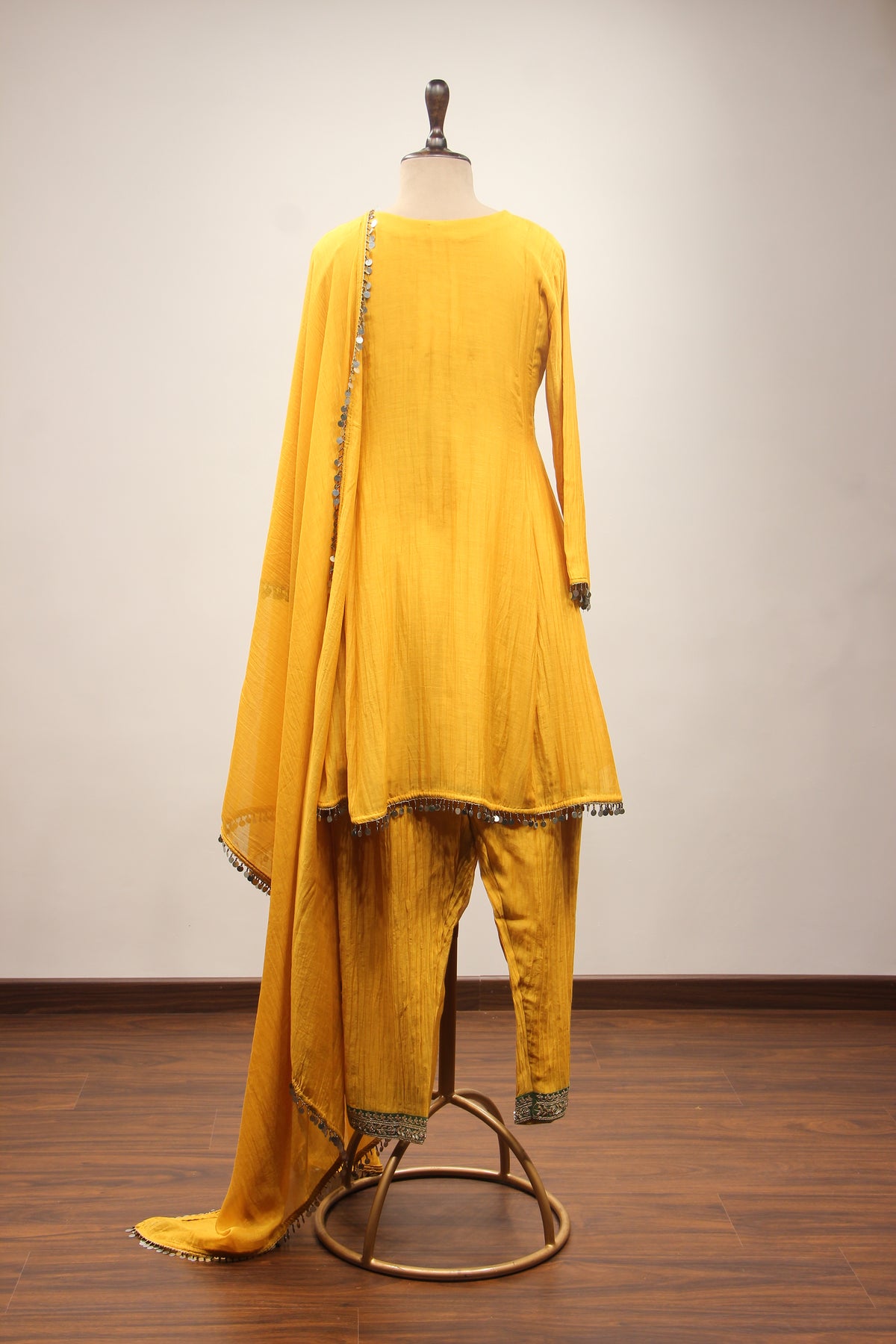 Yellow Chanderi Peplum Suit with Zari & Zardozi Handwork Farshi Salwar – back view