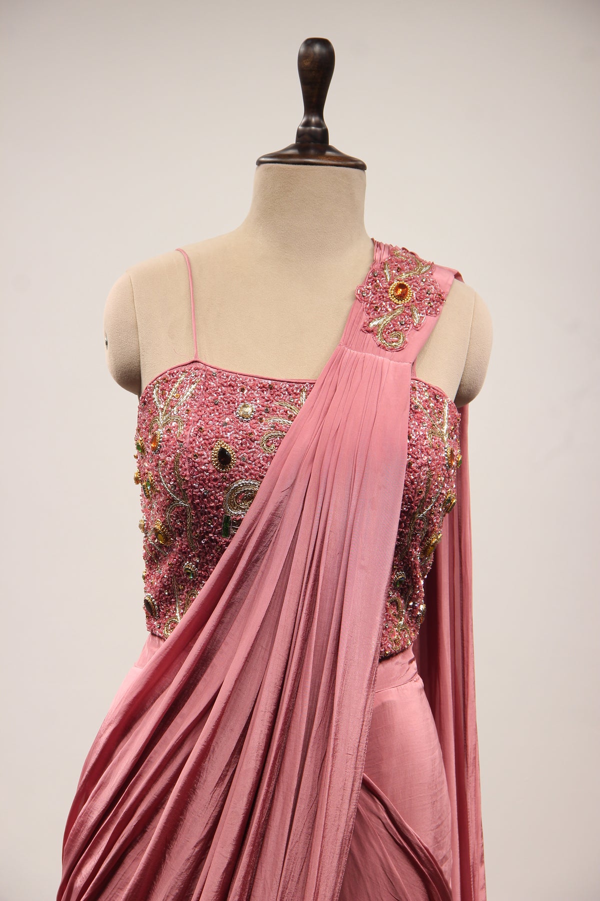 Onion Pink Crepe Drape Saree with Stone & Cut Dana Handwork Corset