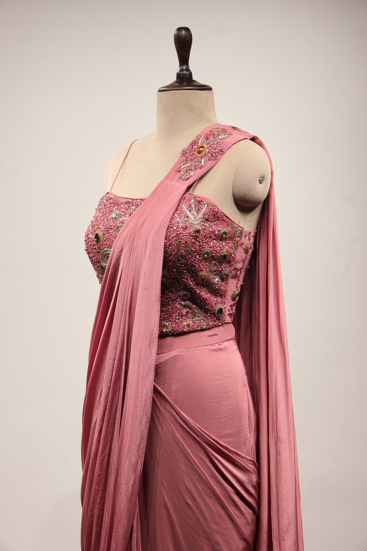 Onion Pink Crepe Drape Saree with Stone & Cut Dana Handwork Corset