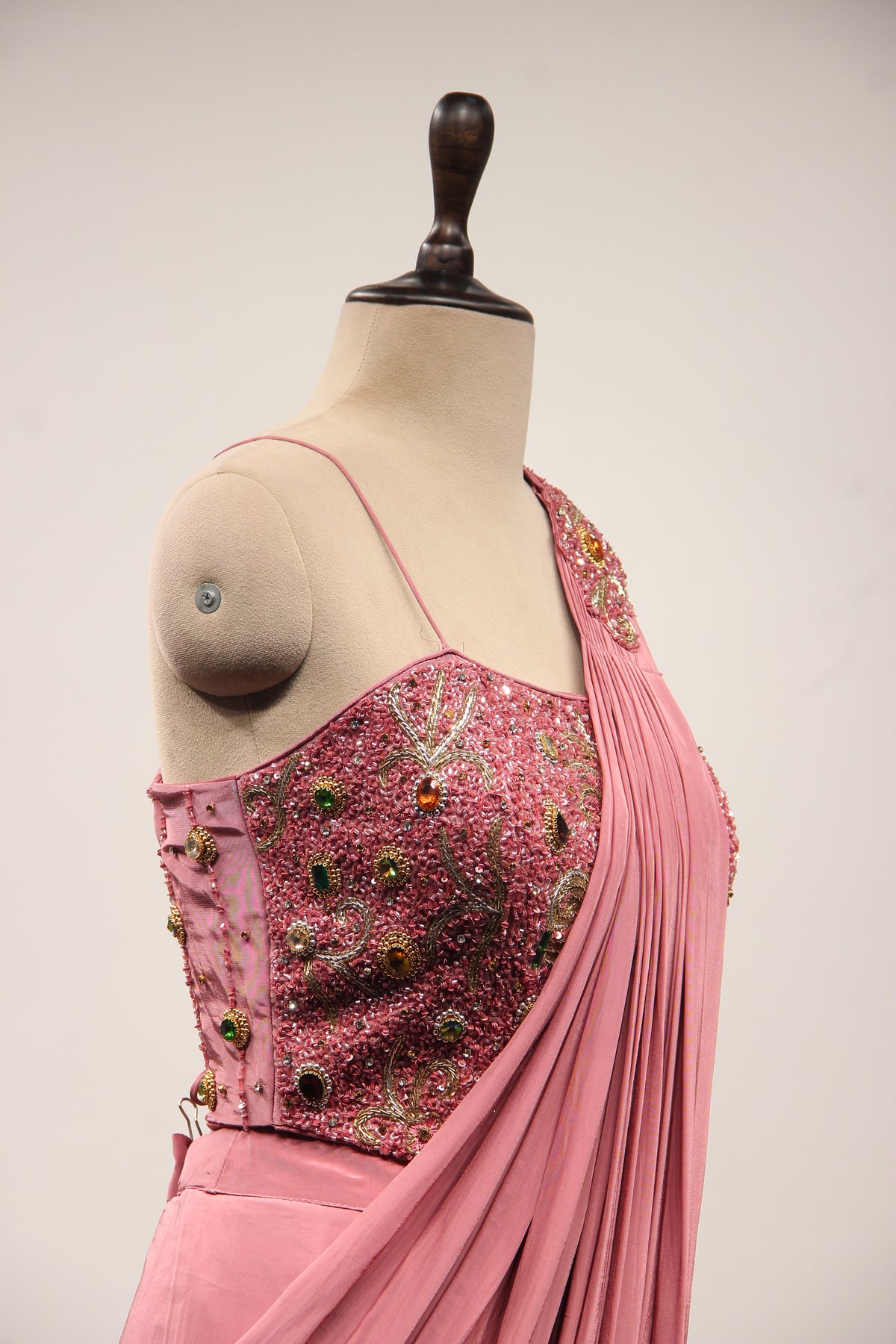 Onion Pink Crepe Drape Saree with Stone & Cut Dana Handwork Corset