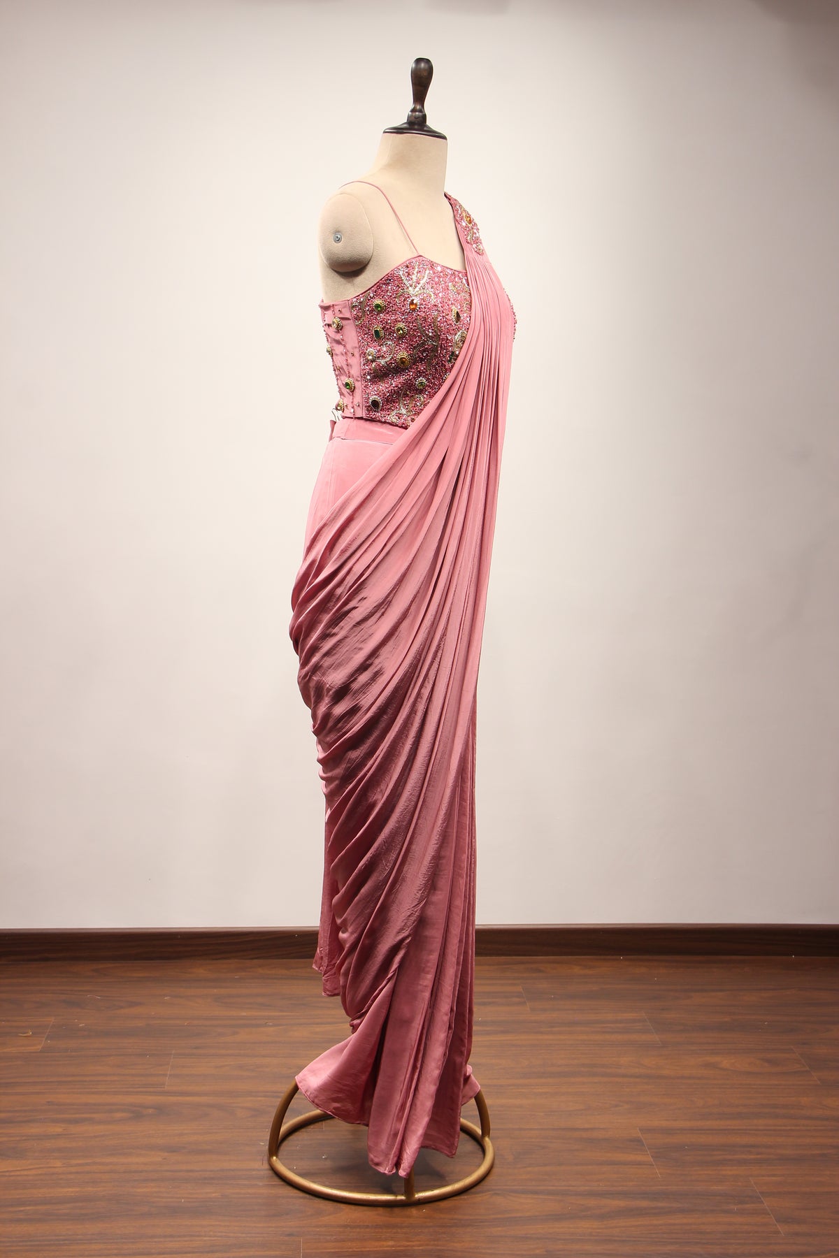 Onion Pink Crepe Drape Saree with Stone & Cut Dana Handwork Corset