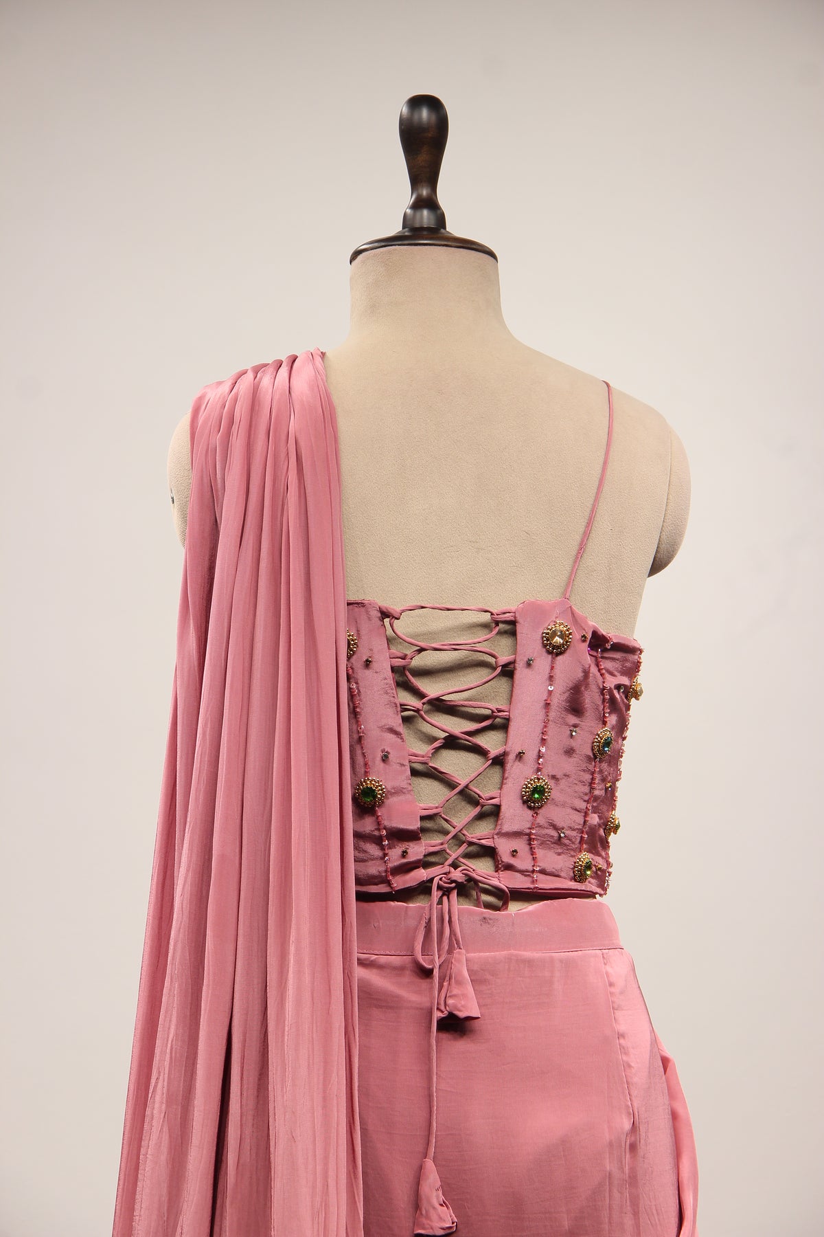 Onion Pink Crepe Drape Saree with Stone & Cut Dana Handwork Corset