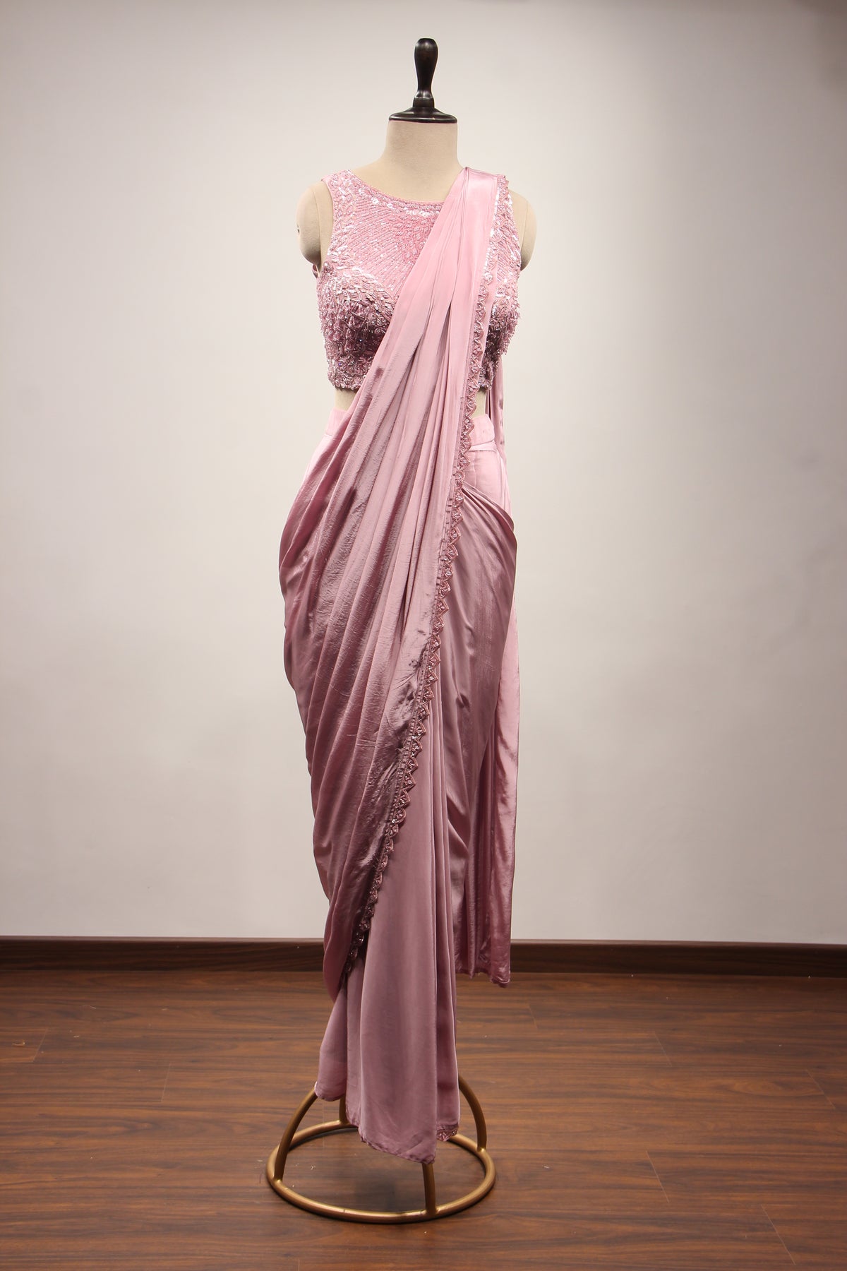 Crepe Drape Saree with Cut Dana & Sequin Handwork, Net Corset Blouse in Pink – front view