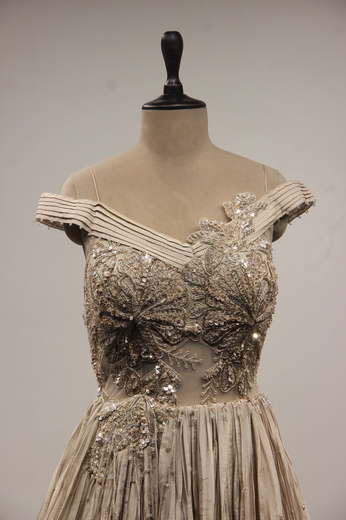 Grey Tissue Off-Shoulder A-Line Gown with Sequin & Cut Dana Handwork – front close-up