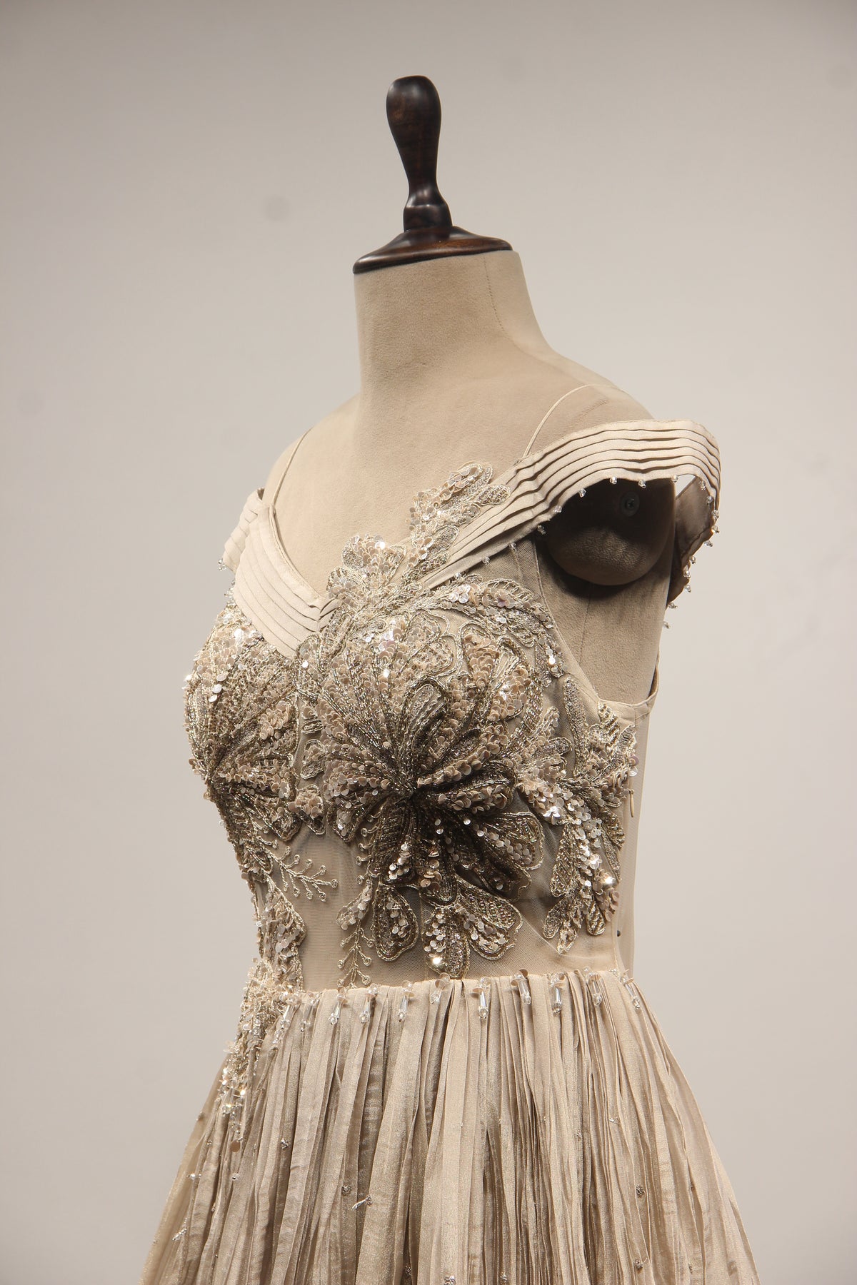 Grey Tissue Off-Shoulder A-Line Gown with Sequin & Cut Dana Handwork – side close-up