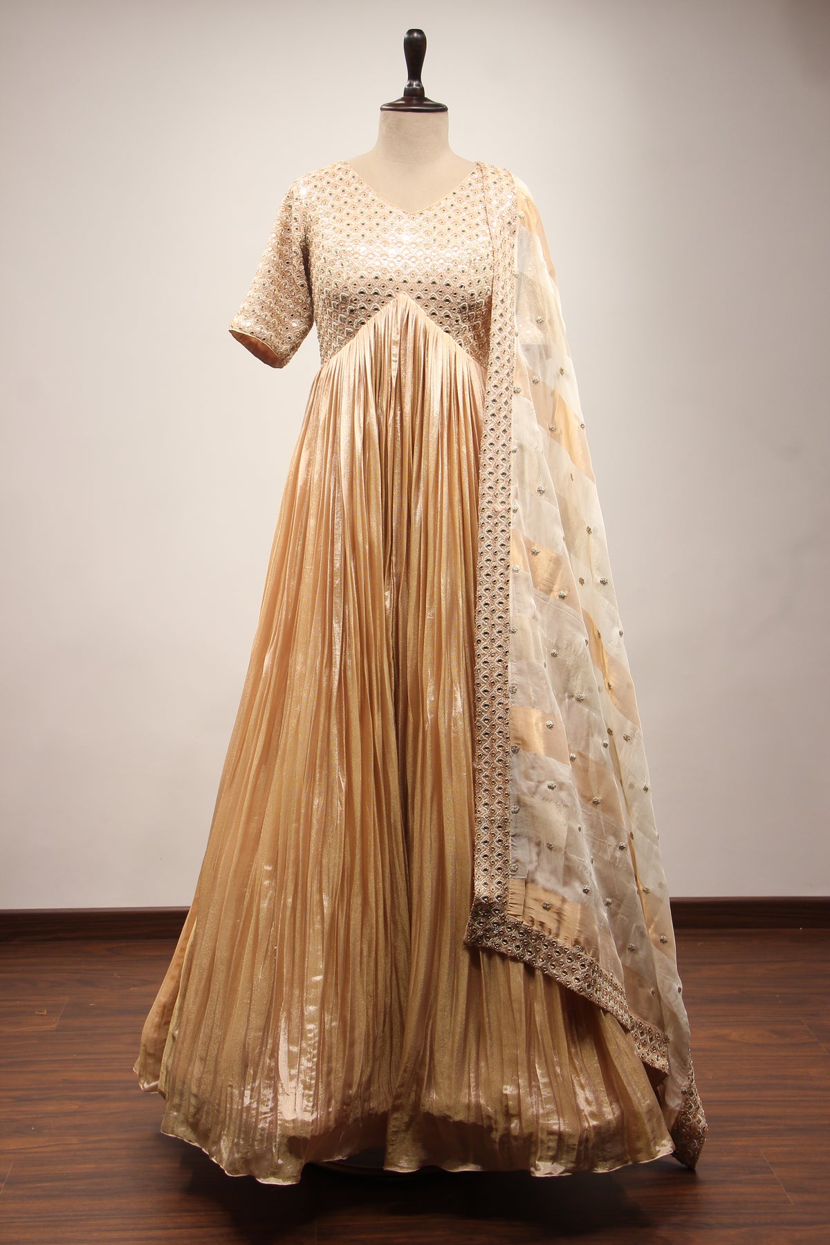 Gold Tissue Anarkali Gown with Mirror Handwork & Cut Dana Handwork