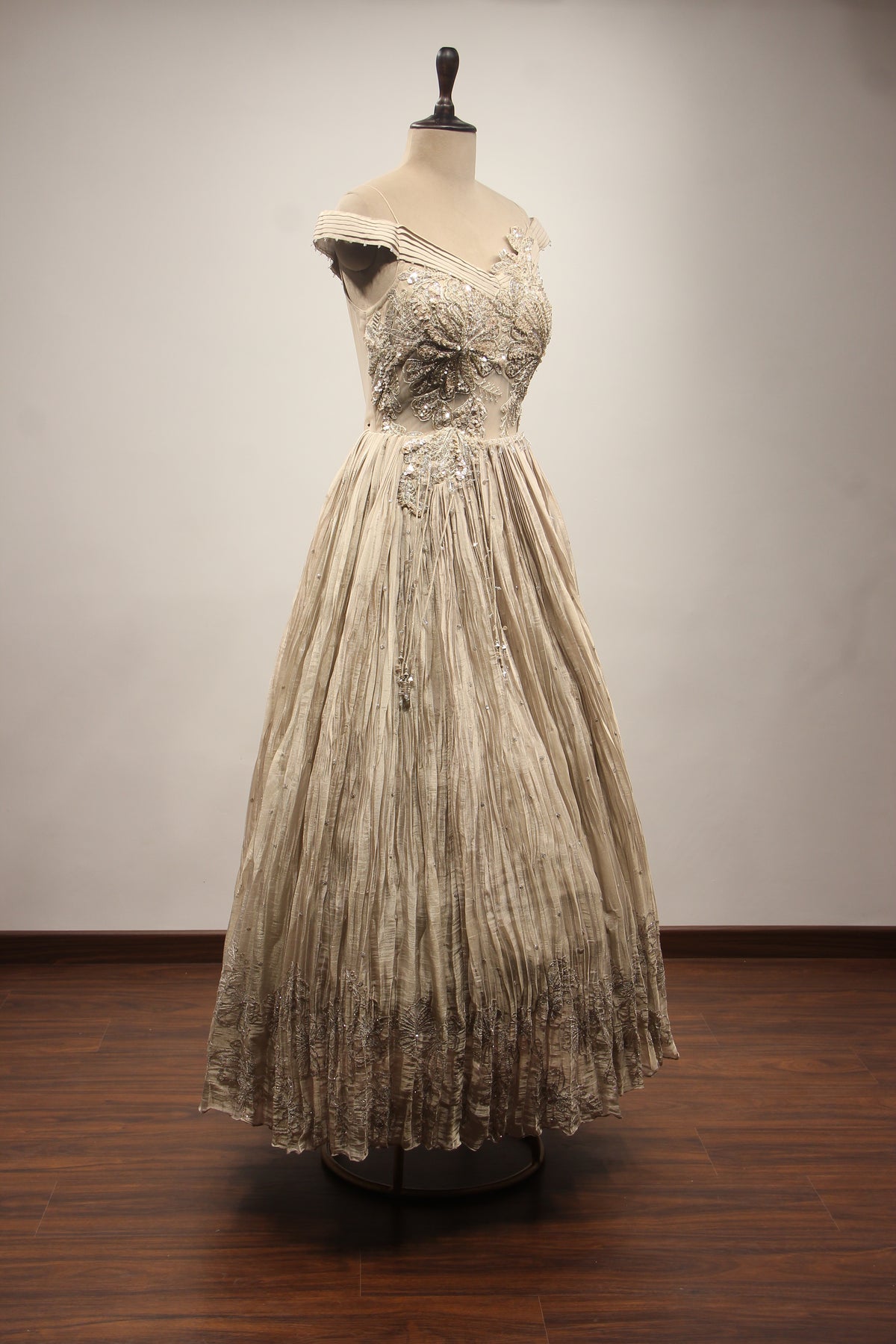 Grey Tissue Off-Shoulder A-Line Gown with Sequin & Cut Dana Handwork – other side view