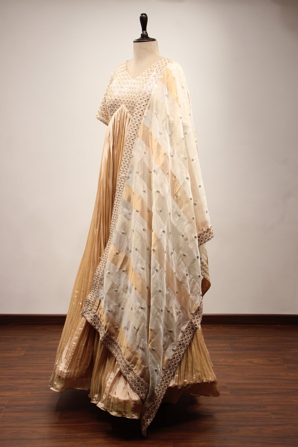 Gold Tissue Anarkali Gown with Mirror Handwork & Cut Dana Handwork