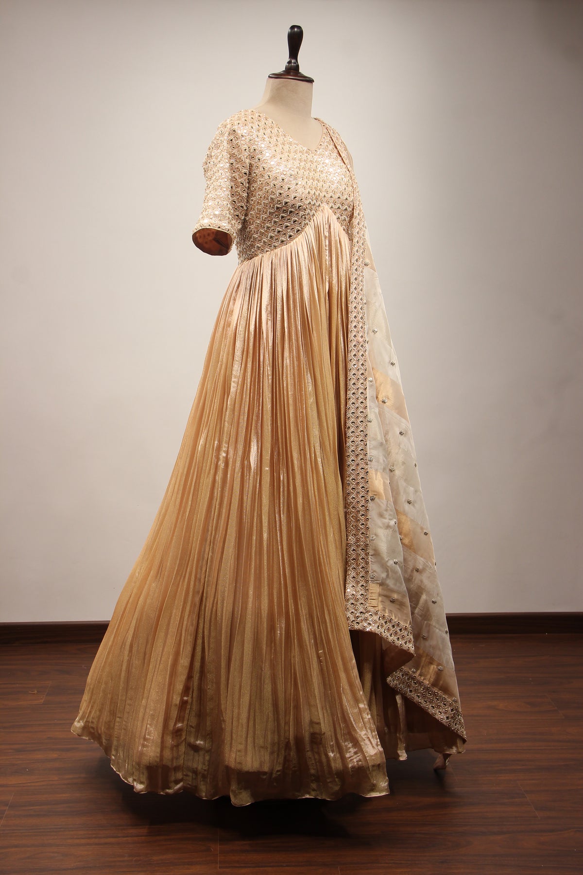 Gold Tissue Anarkali Gown with Mirror Handwork & Cut Dana Handwork