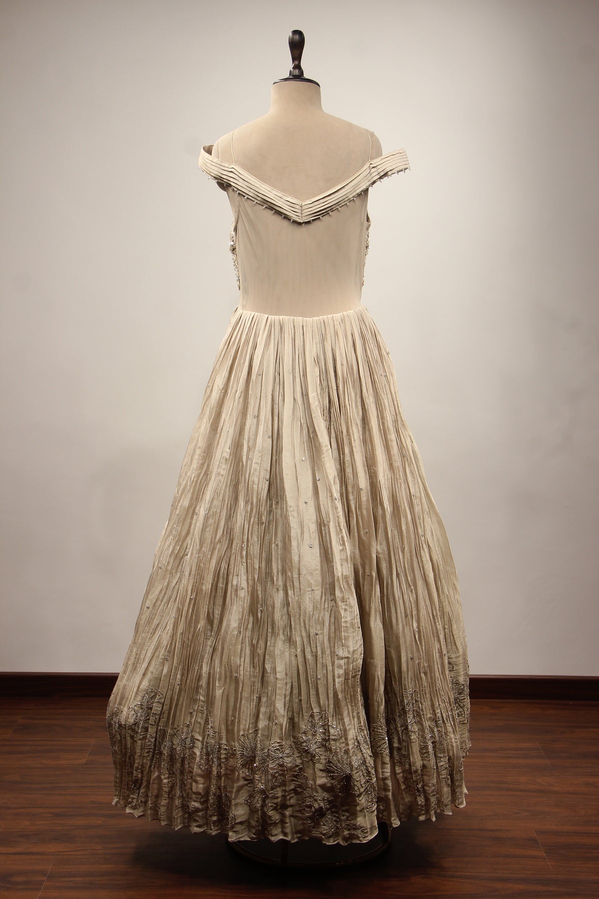Grey Tissue Off-Shoulder A-Line Gown with Sequin & Cut Dana Handwork – back view