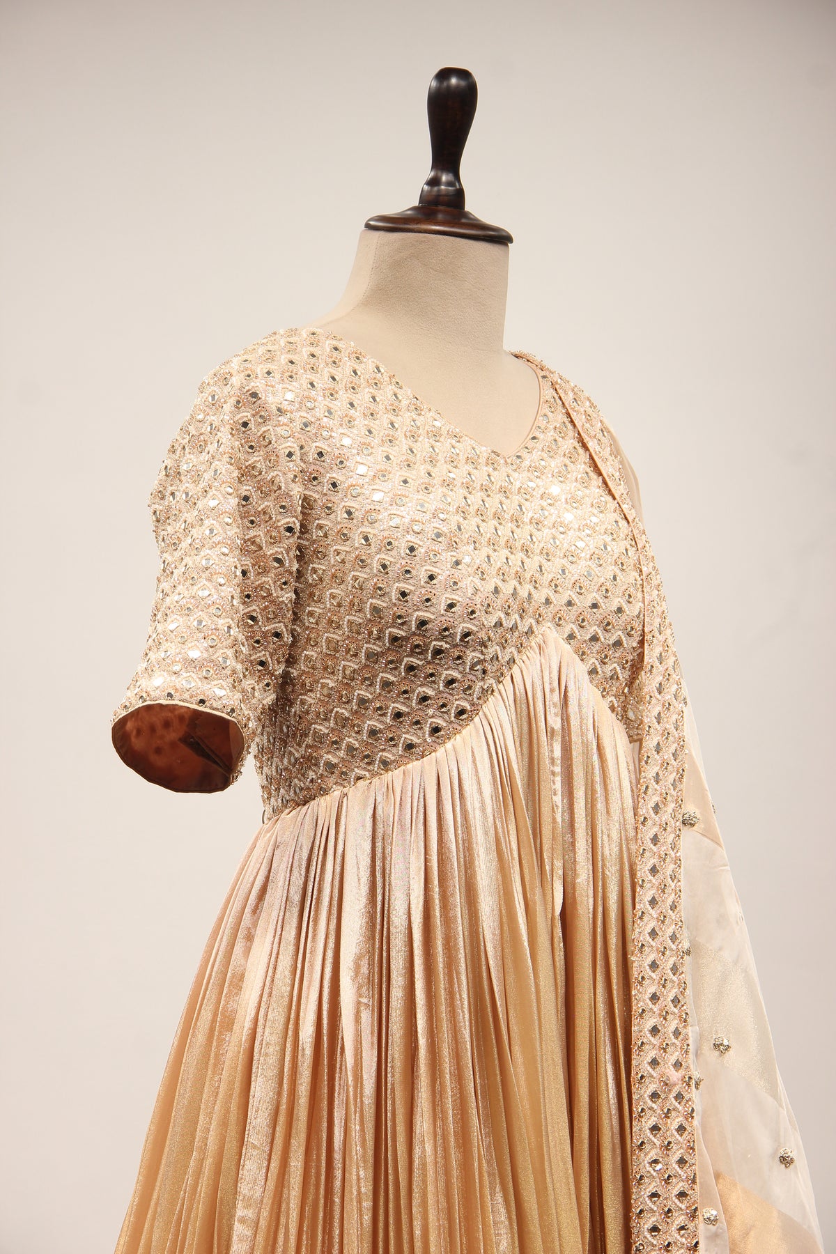 Gold Tissue Anarkali Gown with Mirror Handwork & Cut Dana Handwork