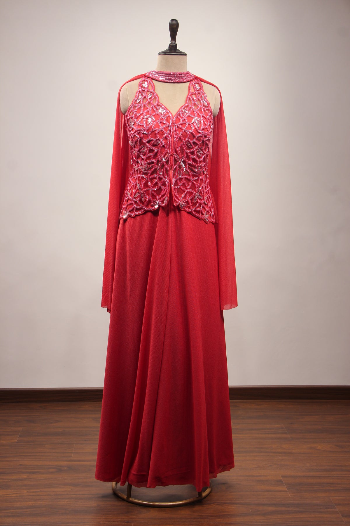 Imported Indo Western Long Top with Cut Dana & Bead Handwork Choker in Red – front view