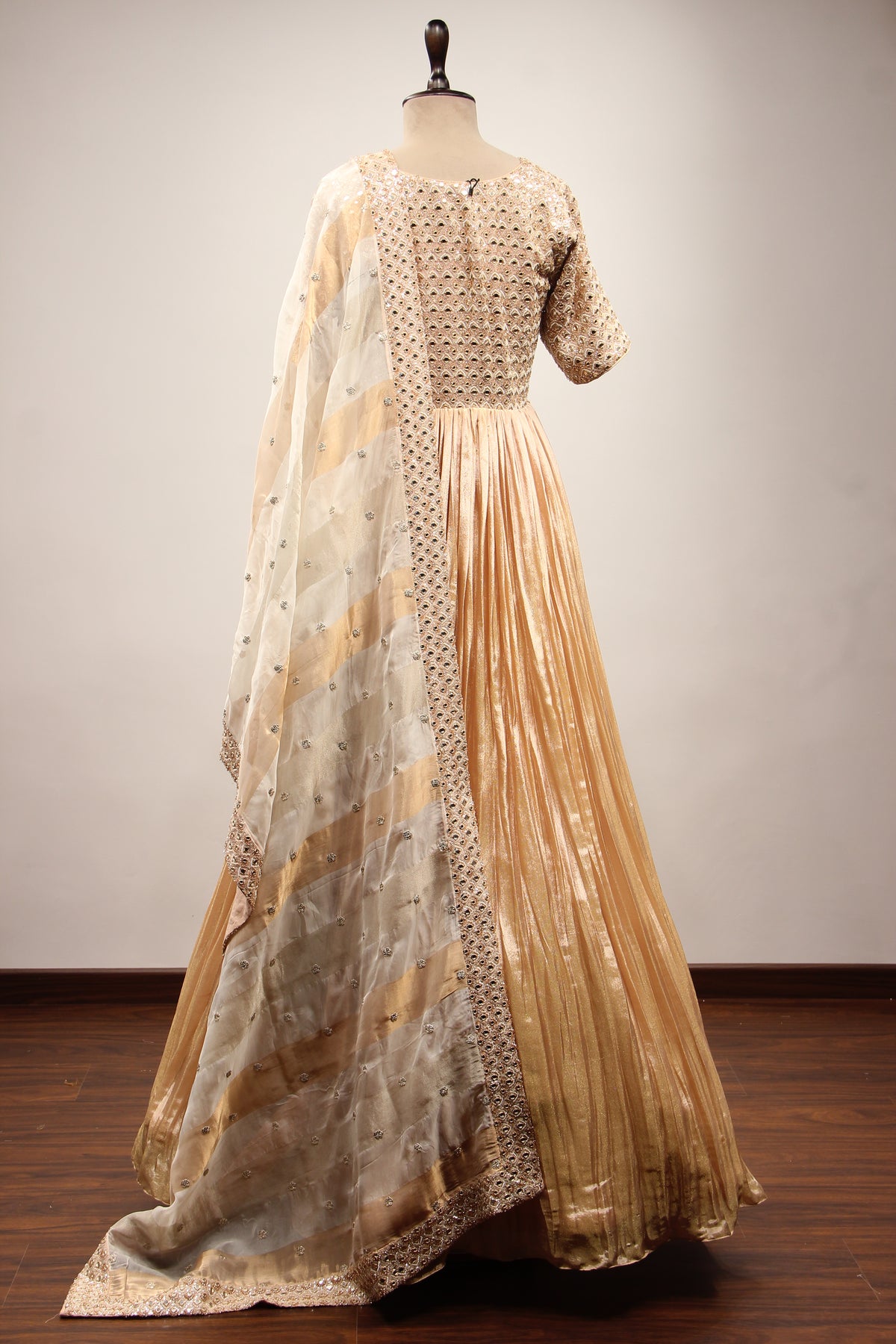 Gold Tissue Anarkali Gown with Mirror Handwork & Cut Dana Handwork