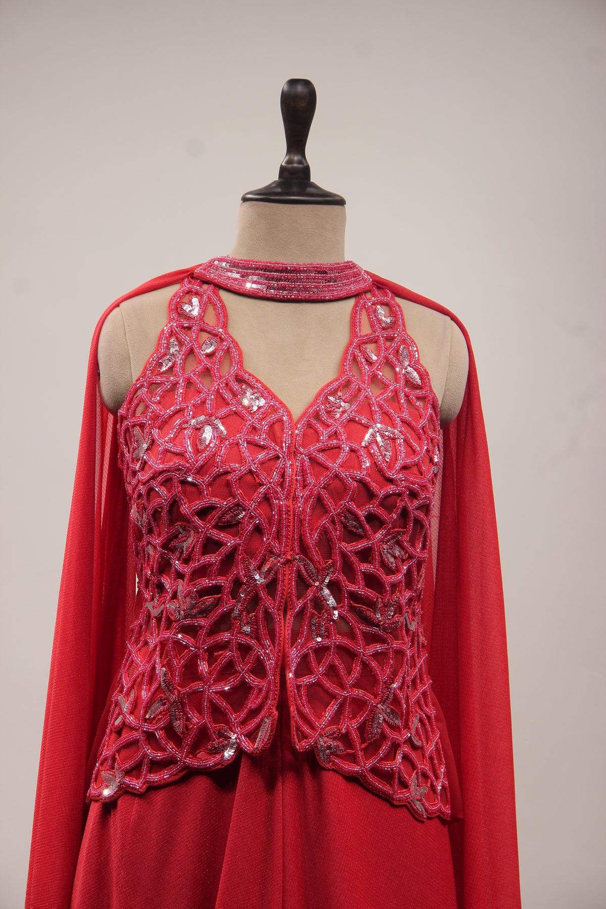 Imported Indo Western Long Top with Cut Dana & Bead Handwork Choker in Red – front close-up
