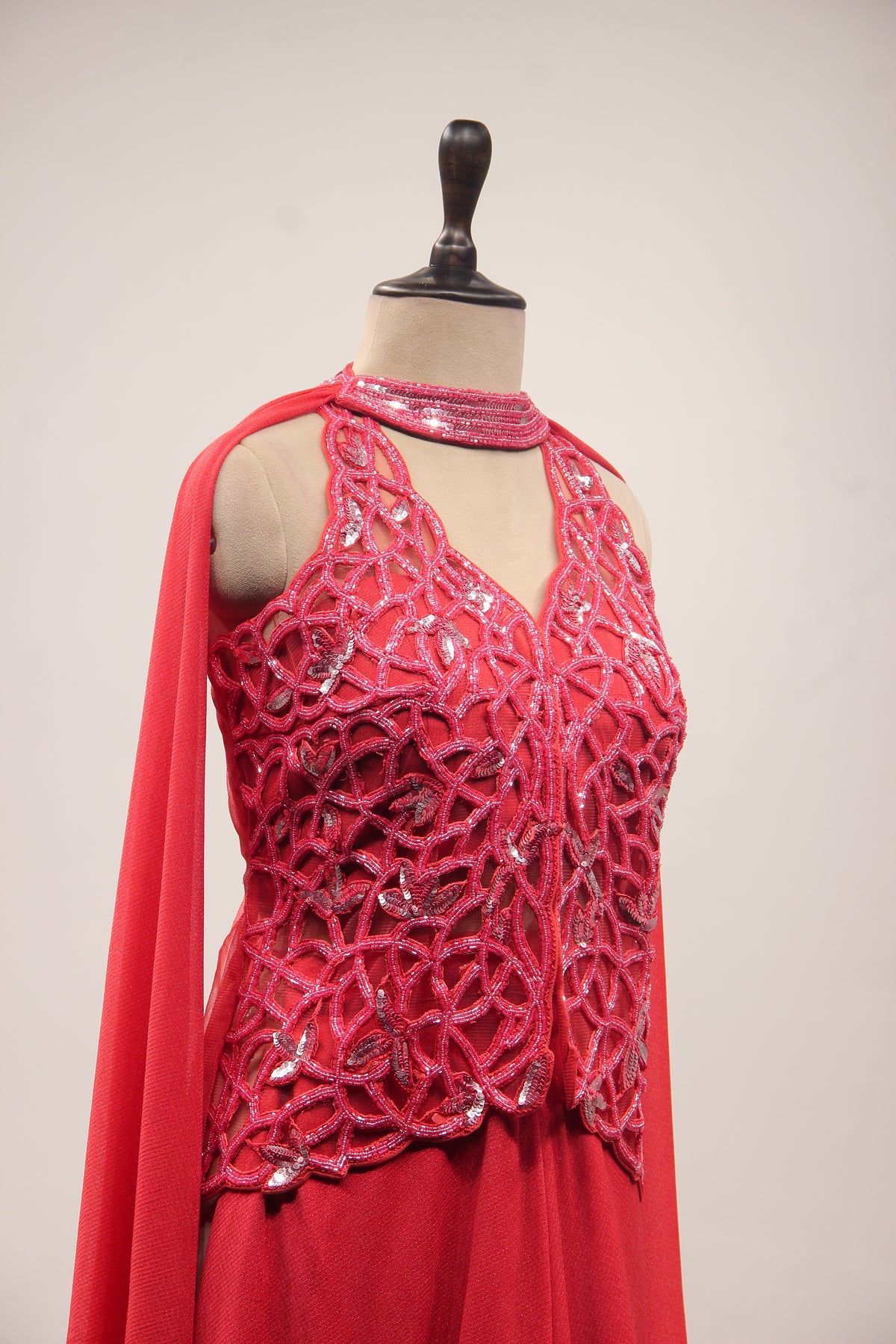 Imported Indo Western Long Top with Cut Dana & Bead Handwork Choker in Red – side close-up