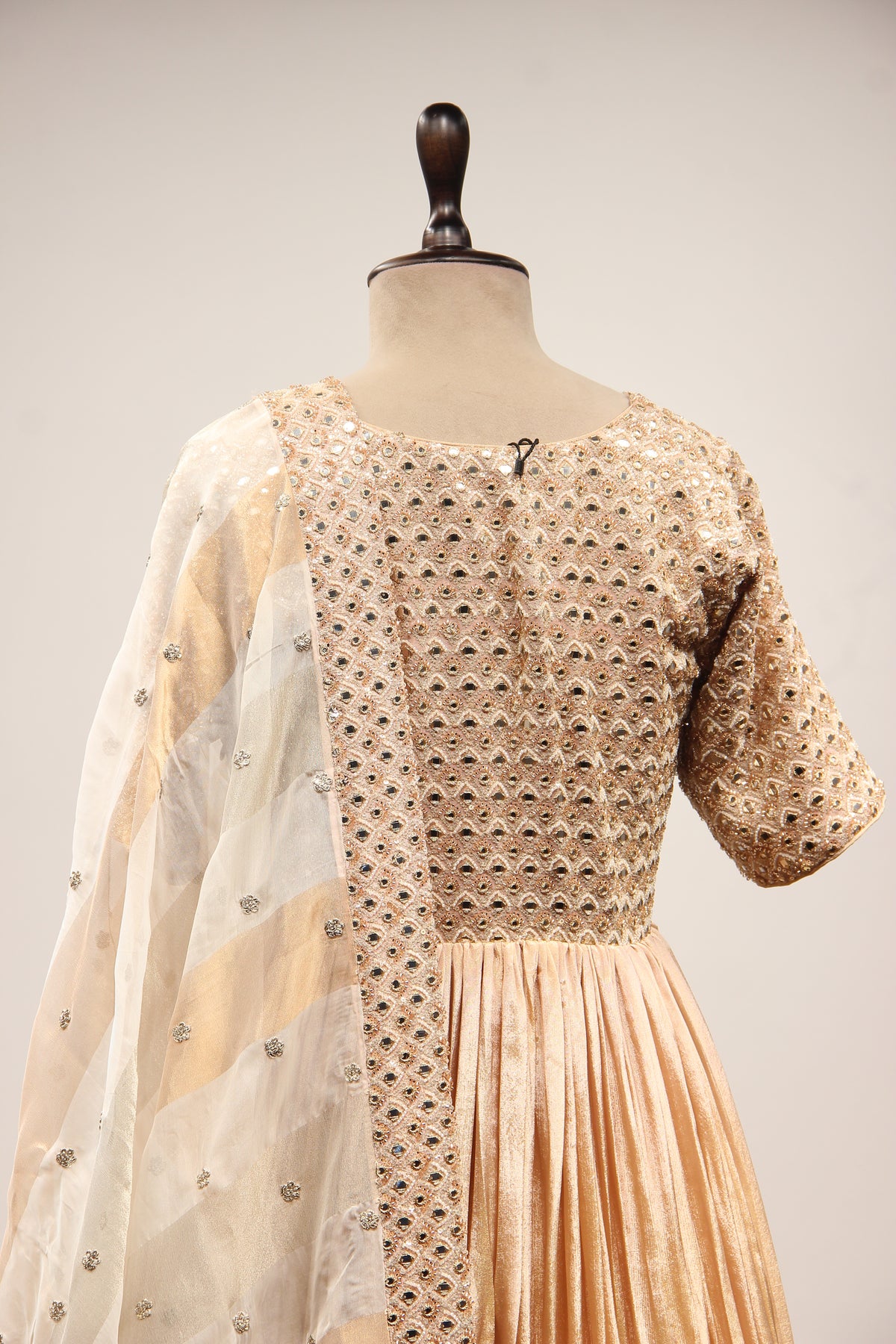 Gold Tissue Anarkali Gown with Mirror Handwork & Cut Dana Handwork