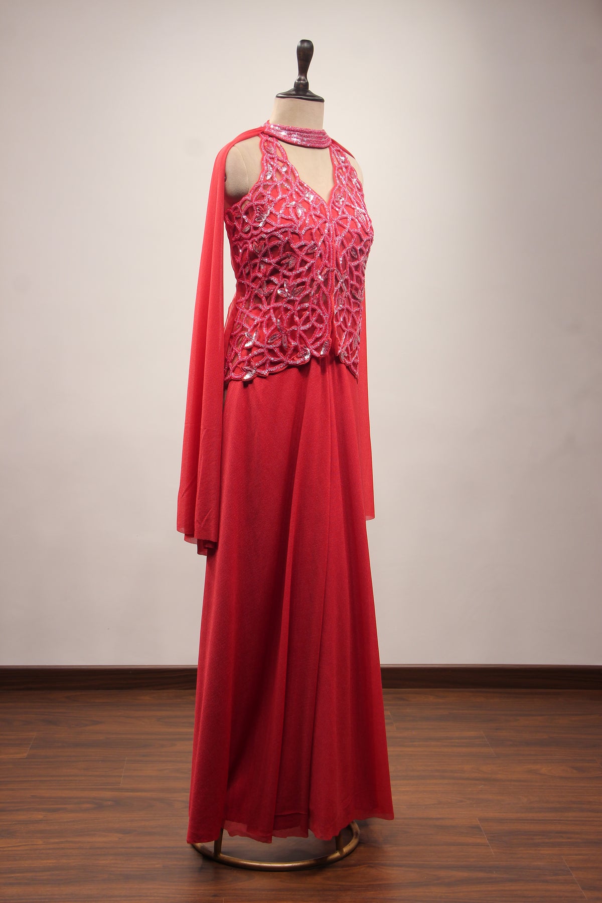 Imported Indo Western Long Top with Cut Dana & Bead Handwork Choker in Red – side view