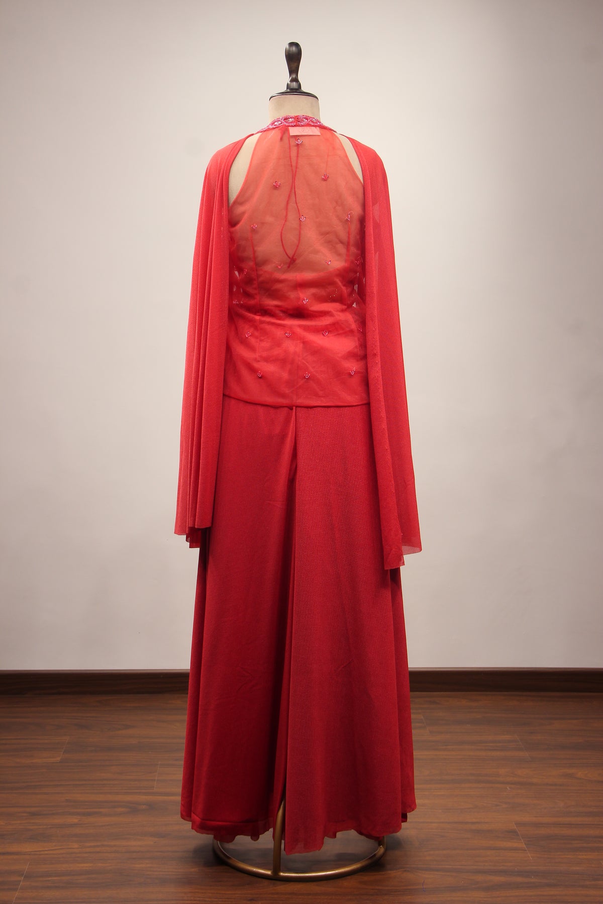 Imported Indo Western Long Top with Cut Dana & Bead Handwork Choker in Red – back view