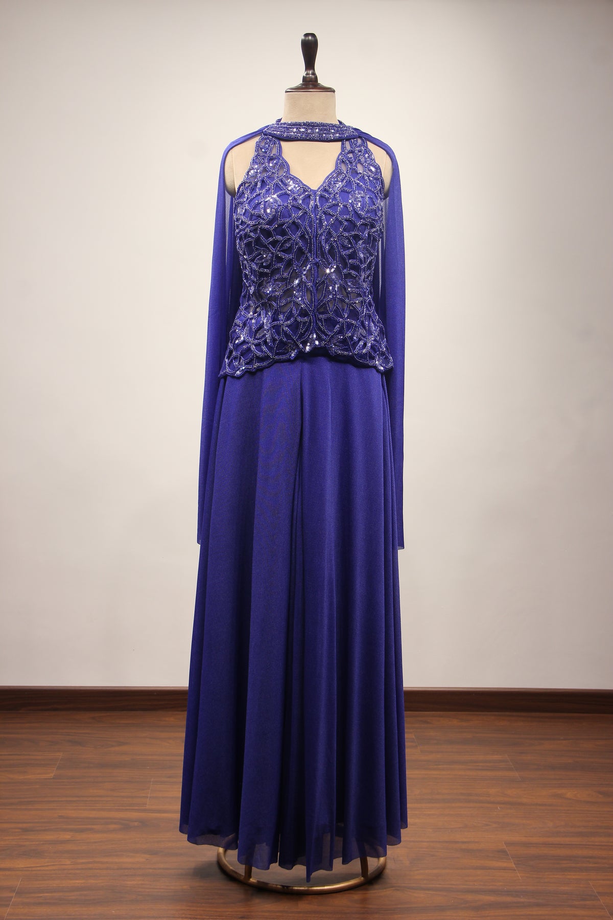 Imported Indo Western Long Top with Cut Dana & Bead Handwork Choker in Blue – front view