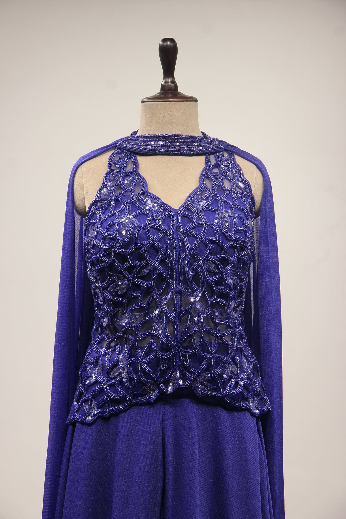 Imported Indo Western Long Top with Cut Dana & Bead Handwork Choker in Blue – front close-up